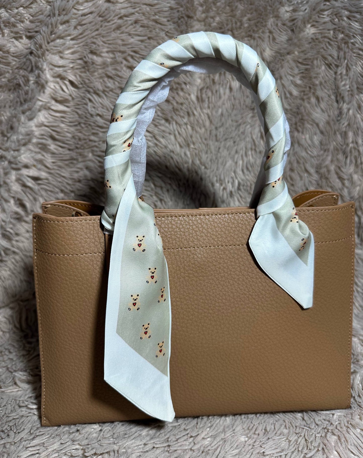 Camel Leather Tote Bag with Straps & Scarf | Genuine Leather Handbag | Structured Shoulder Bag for Women