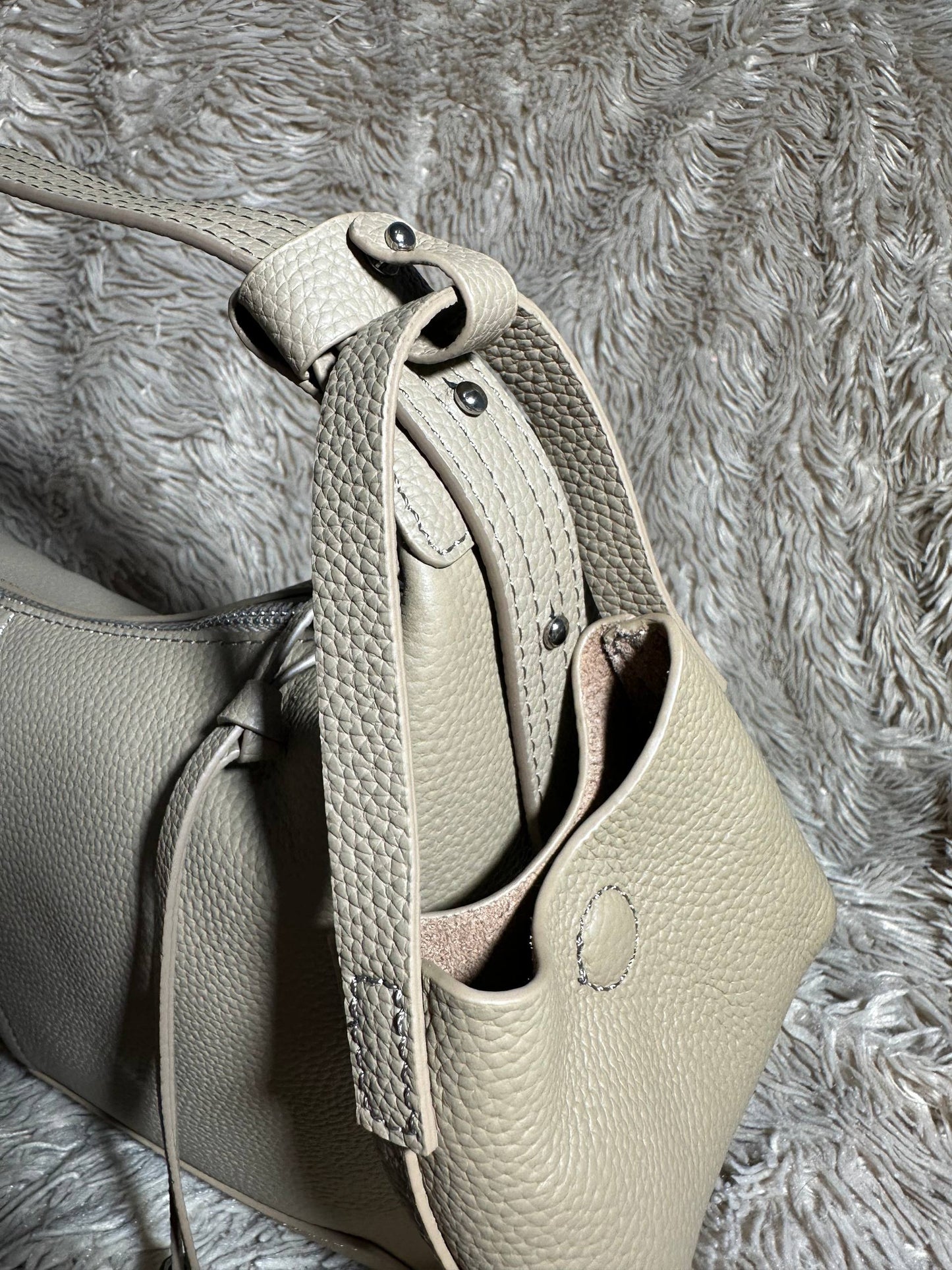 Beige Genuine Leather Shoulder Bag with Mini Pouch | Handmade Soft Leather Tote | Elegant Everyday Bag