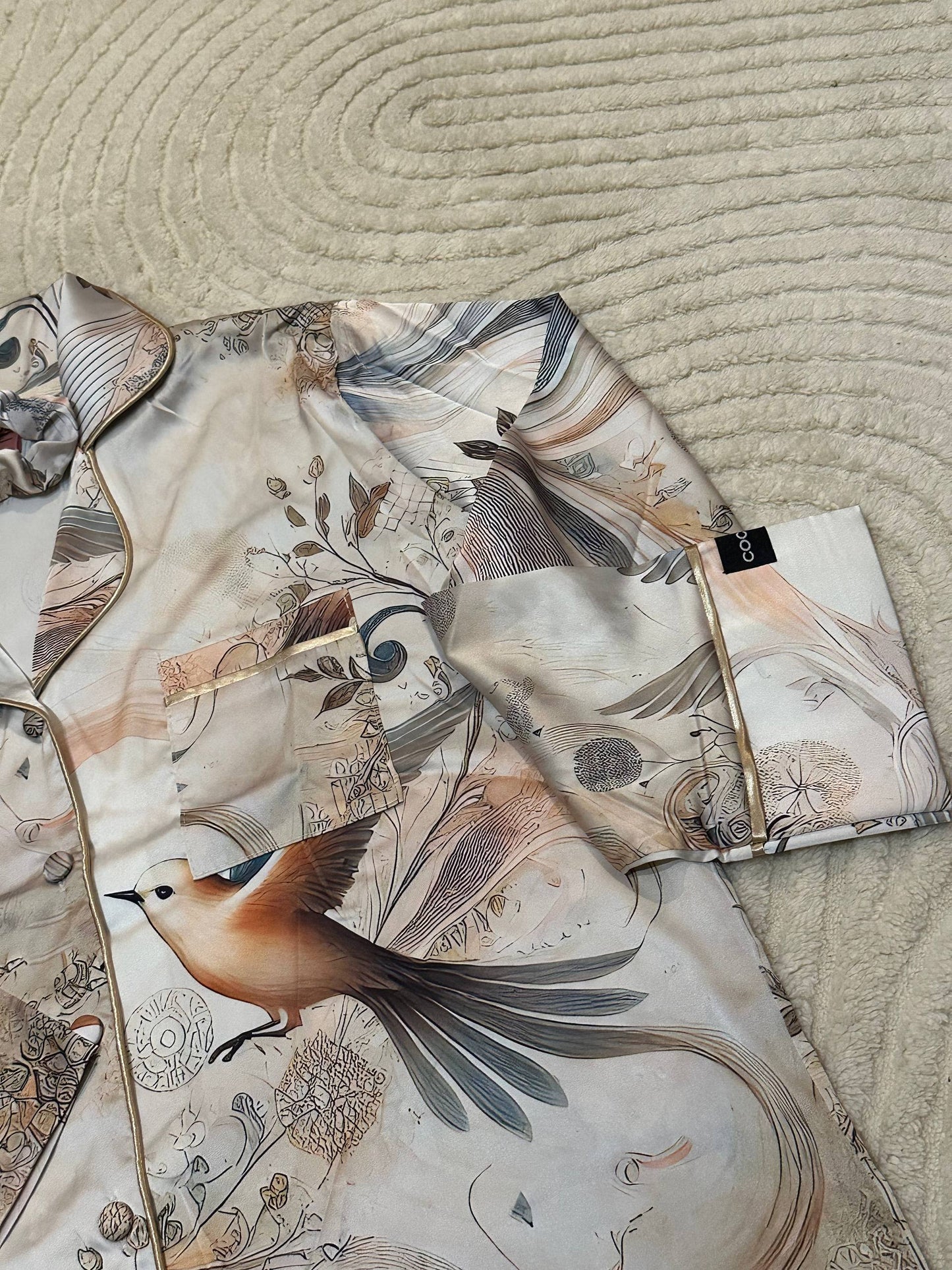 Women’s Satin Pajama Set with Bird Print • Elegant Button Down Sleepwear with Long Pants and Matching Hair Scrunchie