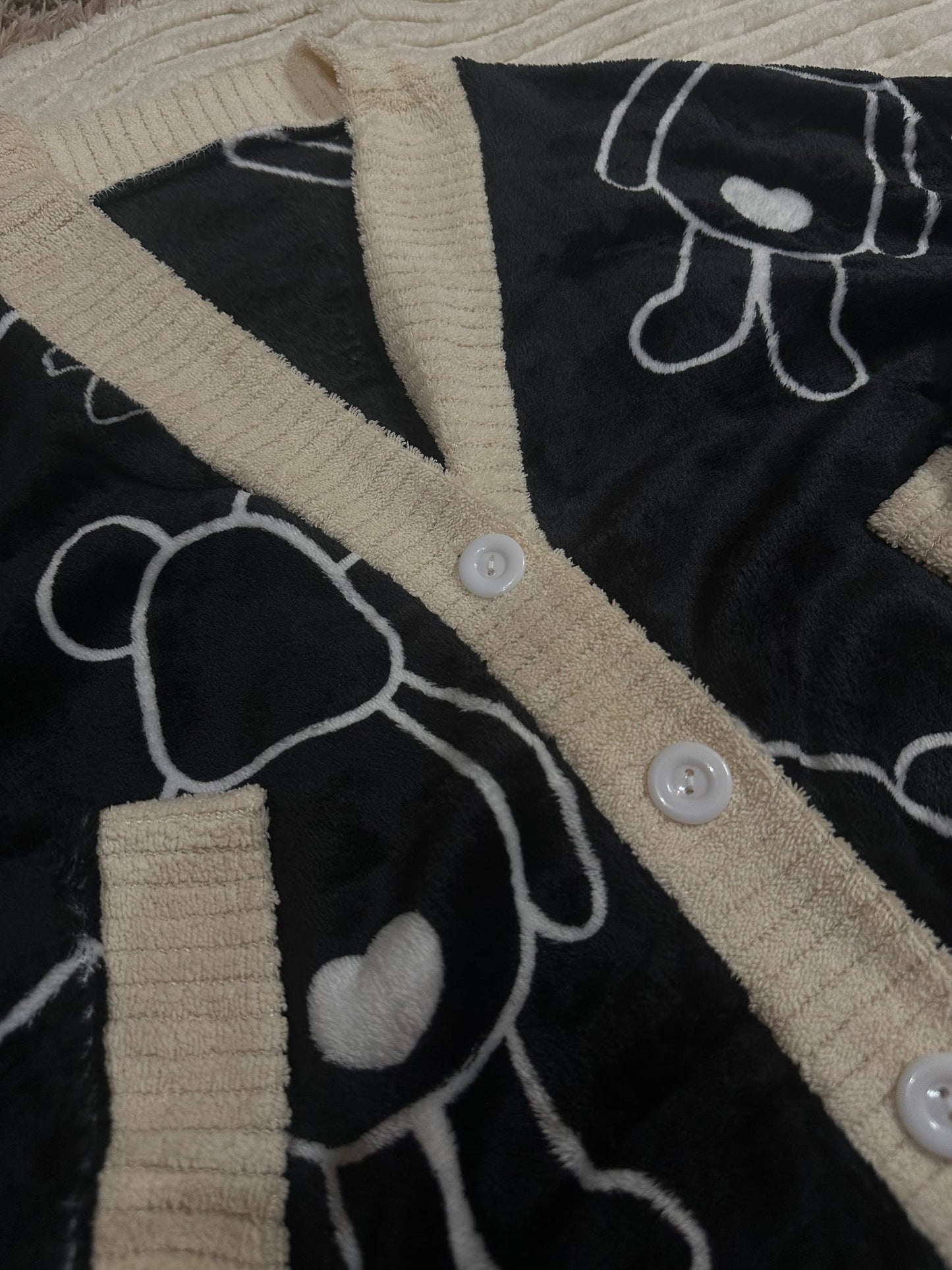 Women’s Fleece Pajama Set • Black and Beige Button-Up Sleepwear • Cozy Two-Piece Loungewear with Cartoon Bear Print