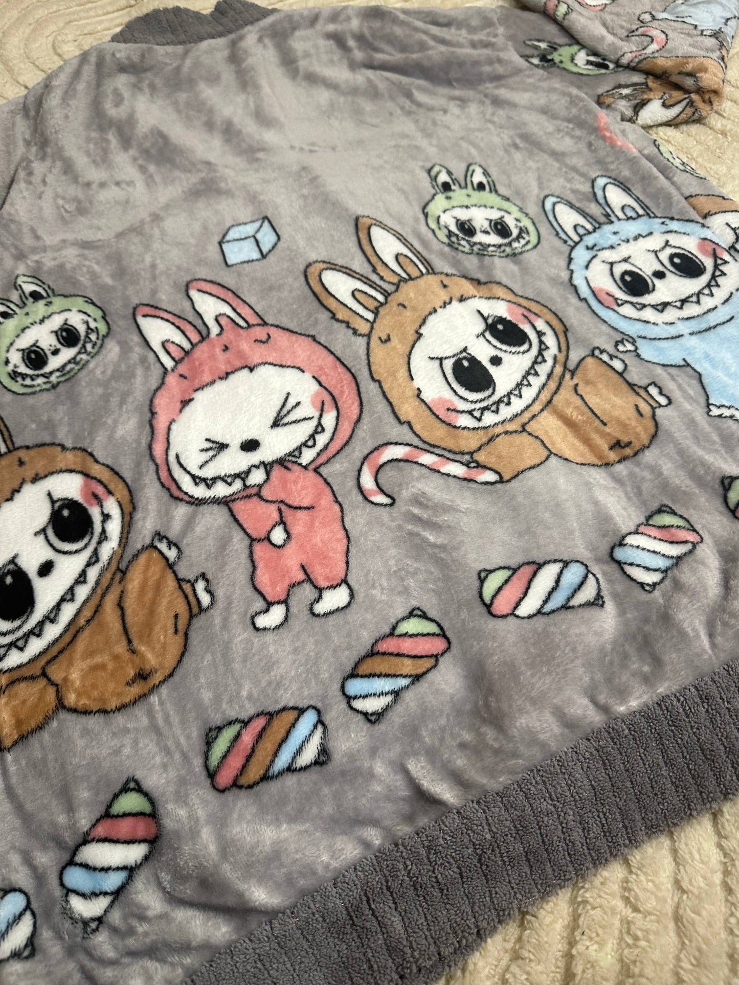 Labubu Pajama Set • Women’s Fleece Sleepwear • Gray Button-Up Loungewear with Cute Cartoon Characters