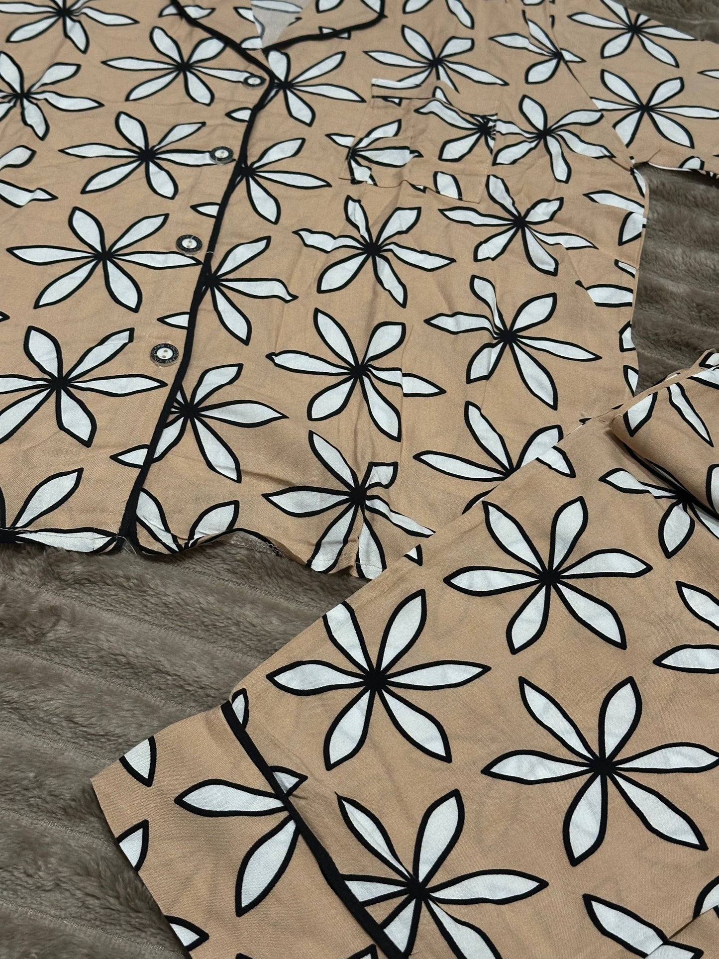 Beige Floral Women’s Pajama Set • Short Sleeve Button-Up Shirt & Long Pants • Lightweight Sleepwear