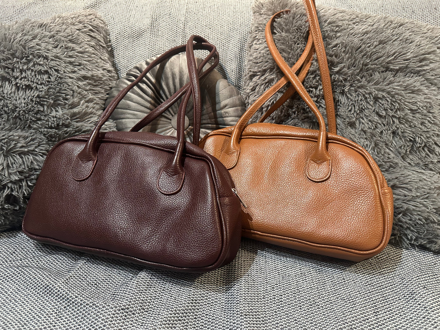 Leather handbag with zebra lining – burgundy or caramel | Handmade medium-size bag