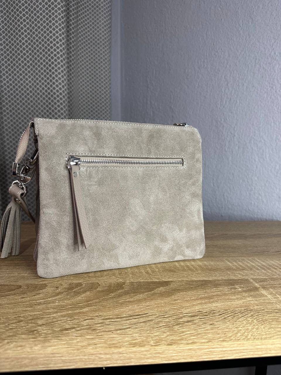 Elegant crossbody bag made of genuine suede in a powder-beige color