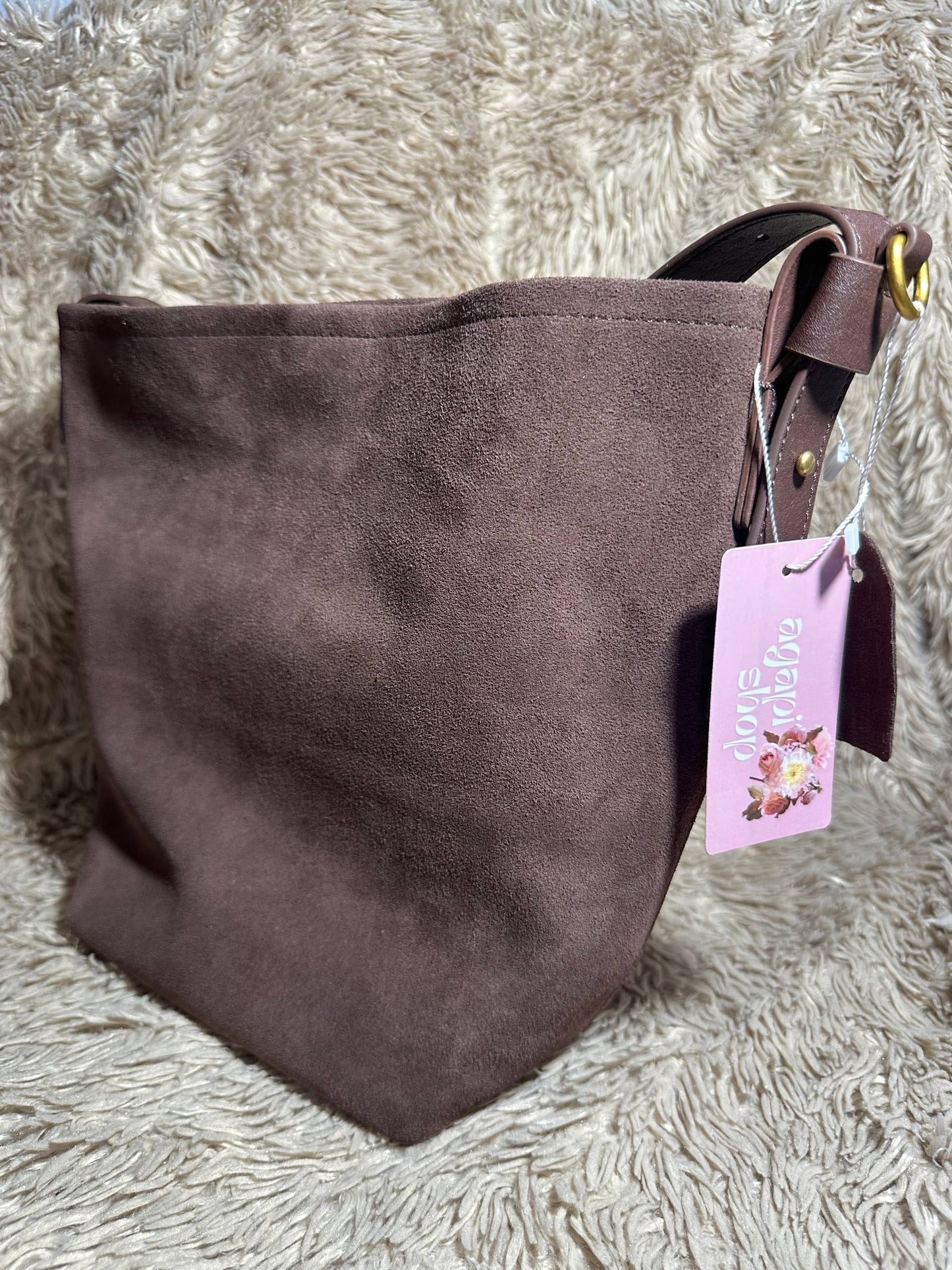 Brown Suede Shoulder Bag – Genuine Suede Tote with Adjustable Strap & Inner Pouch, Handmade Leather Bag