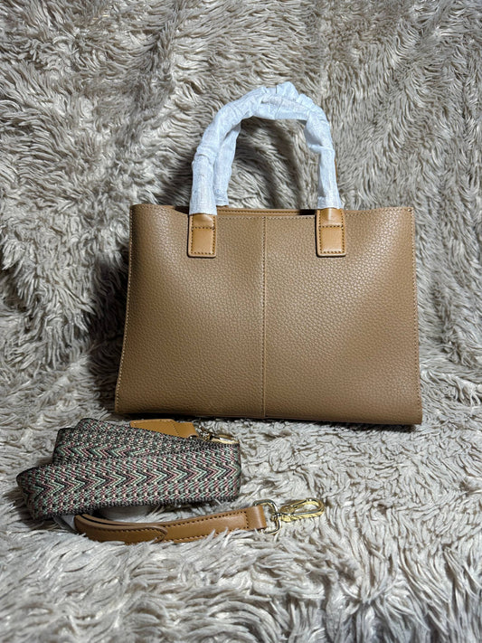 Camel Leather Tote Bag with Straps & Scarf | Genuine Leather Handbag | Structured Shoulder Bag for Women