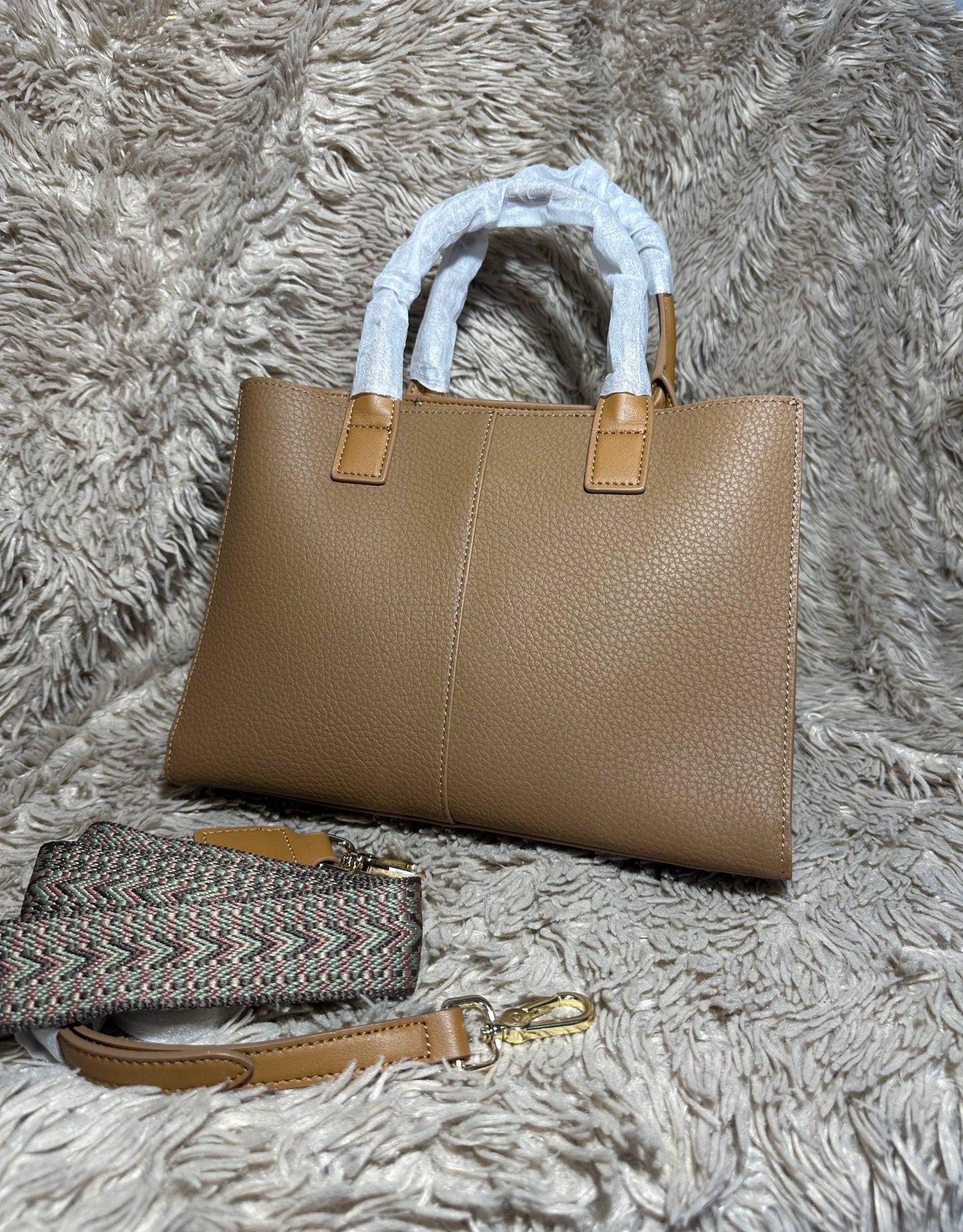 Camel Leather Tote Bag with Straps & Scarf | Genuine Leather Handbag | Structured Shoulder Bag for Women