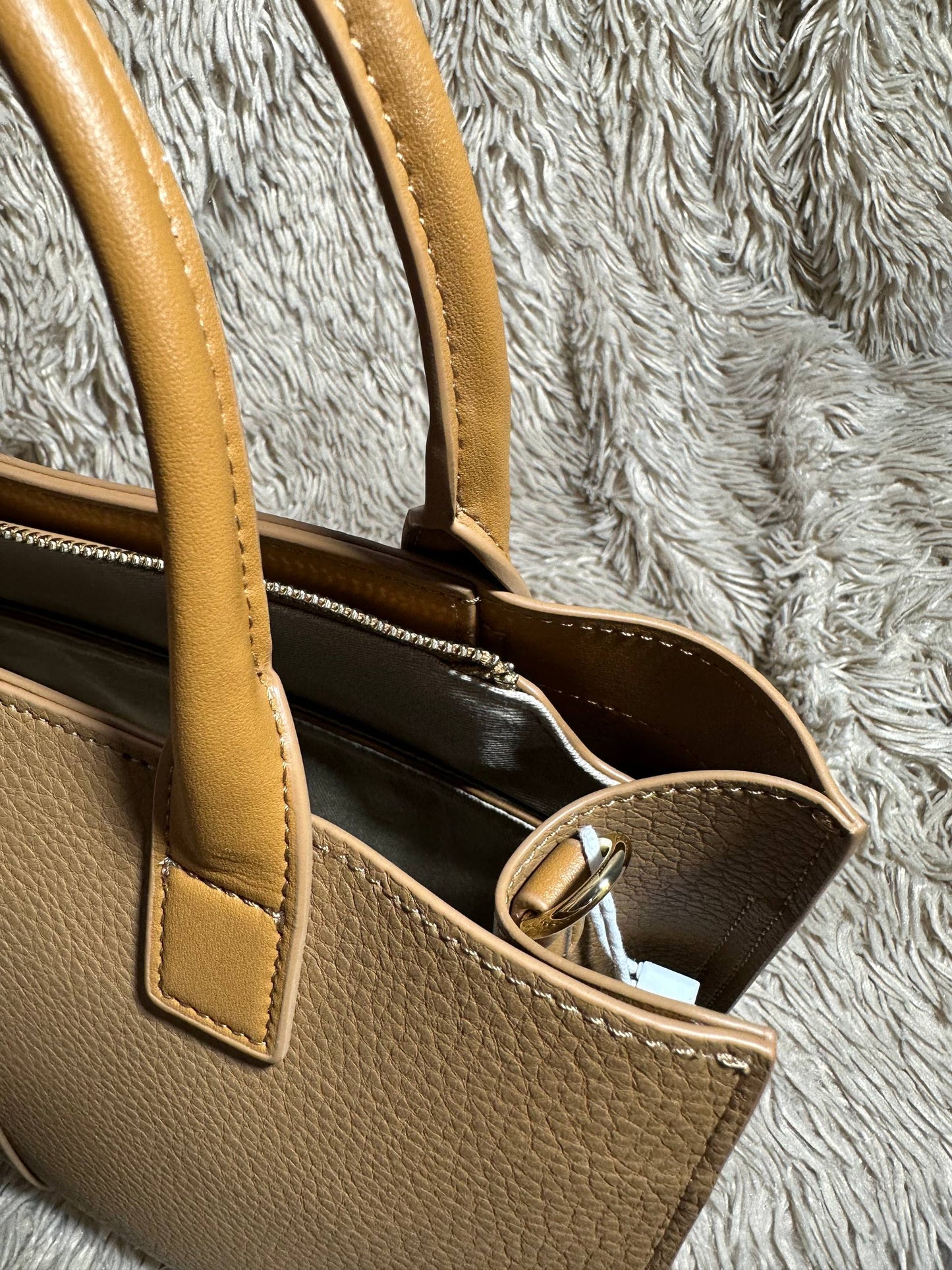 Camel Leather Tote Bag with Straps & Scarf | Genuine Leather Handbag | Structured Shoulder Bag for Women