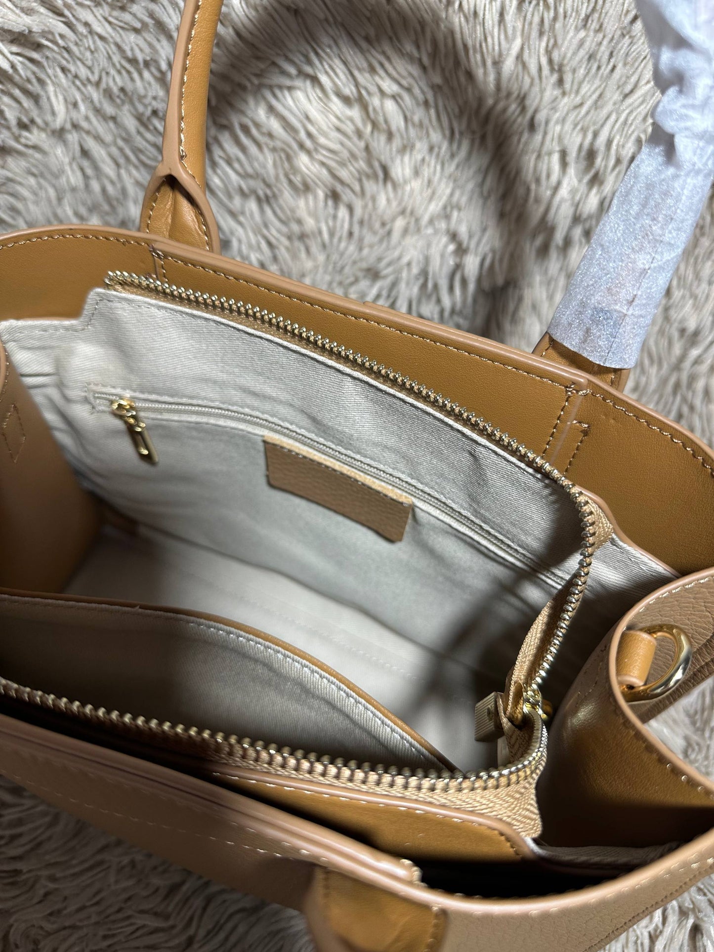 Camel Leather Tote Bag with Straps & Scarf | Genuine Leather Handbag | Structured Shoulder Bag for Women