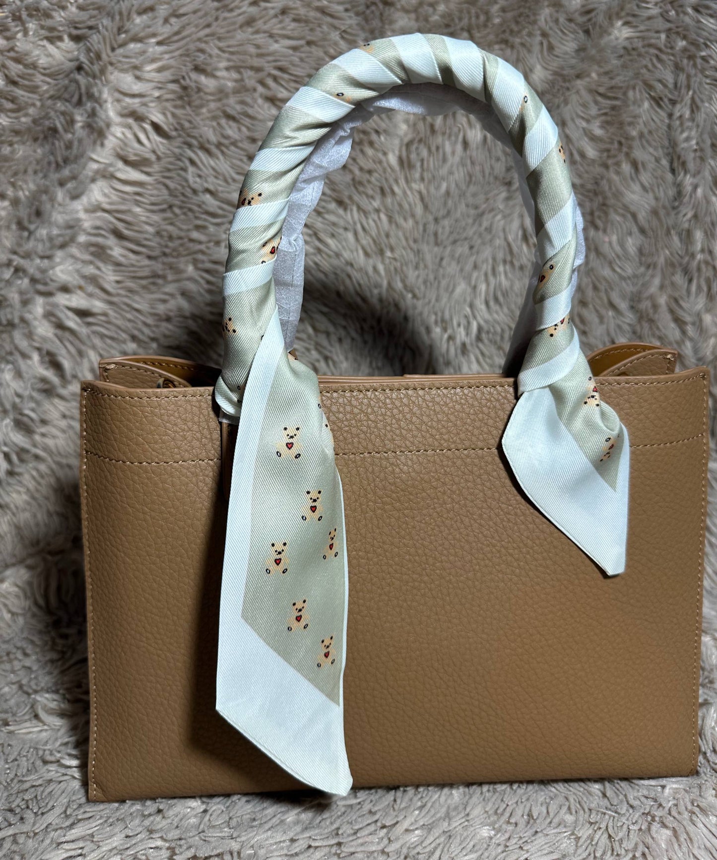 Camel Leather Tote Bag with Straps & Scarf | Genuine Leather Handbag | Structured Shoulder Bag for Women