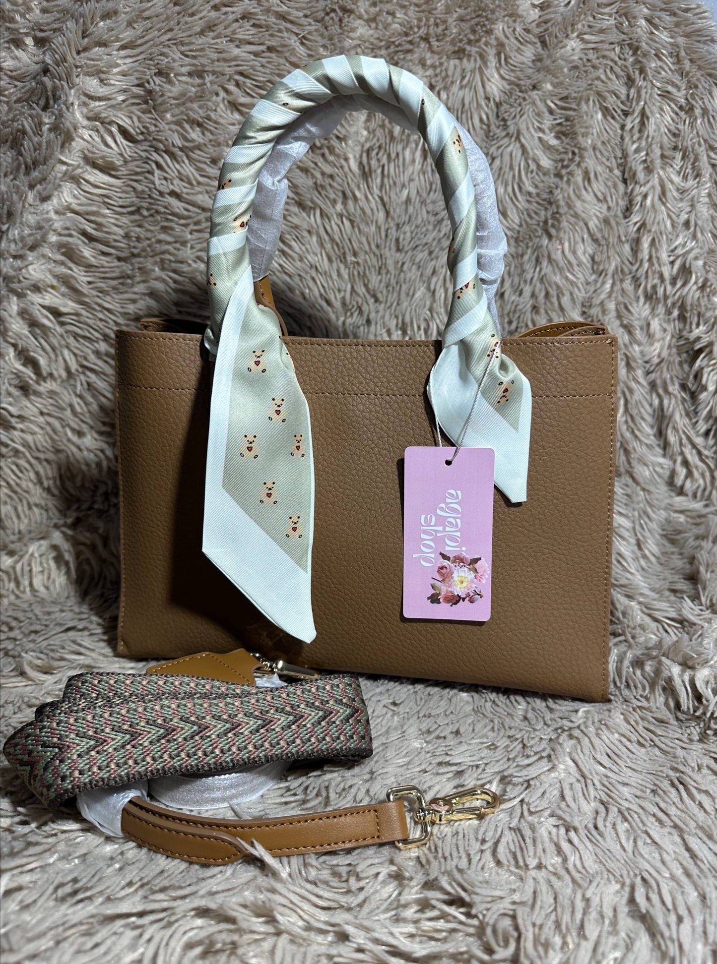 Camel Leather Tote Bag with Straps & Scarf | Genuine Leather Handbag | Structured Shoulder Bag for Women