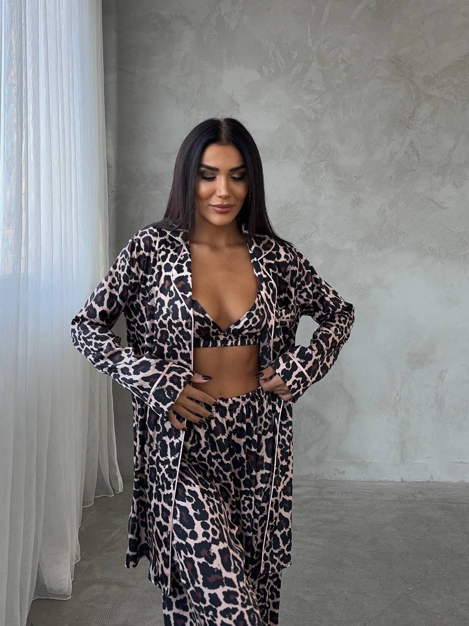 Leopard Print Satin Pajama Set – Women’s Loungewear with Bralette & Shirt