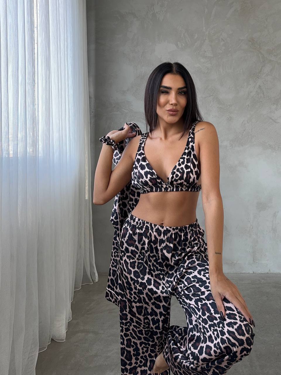 Leopard Print Satin Pajama Set – Women’s Loungewear with Bralette & Shirt