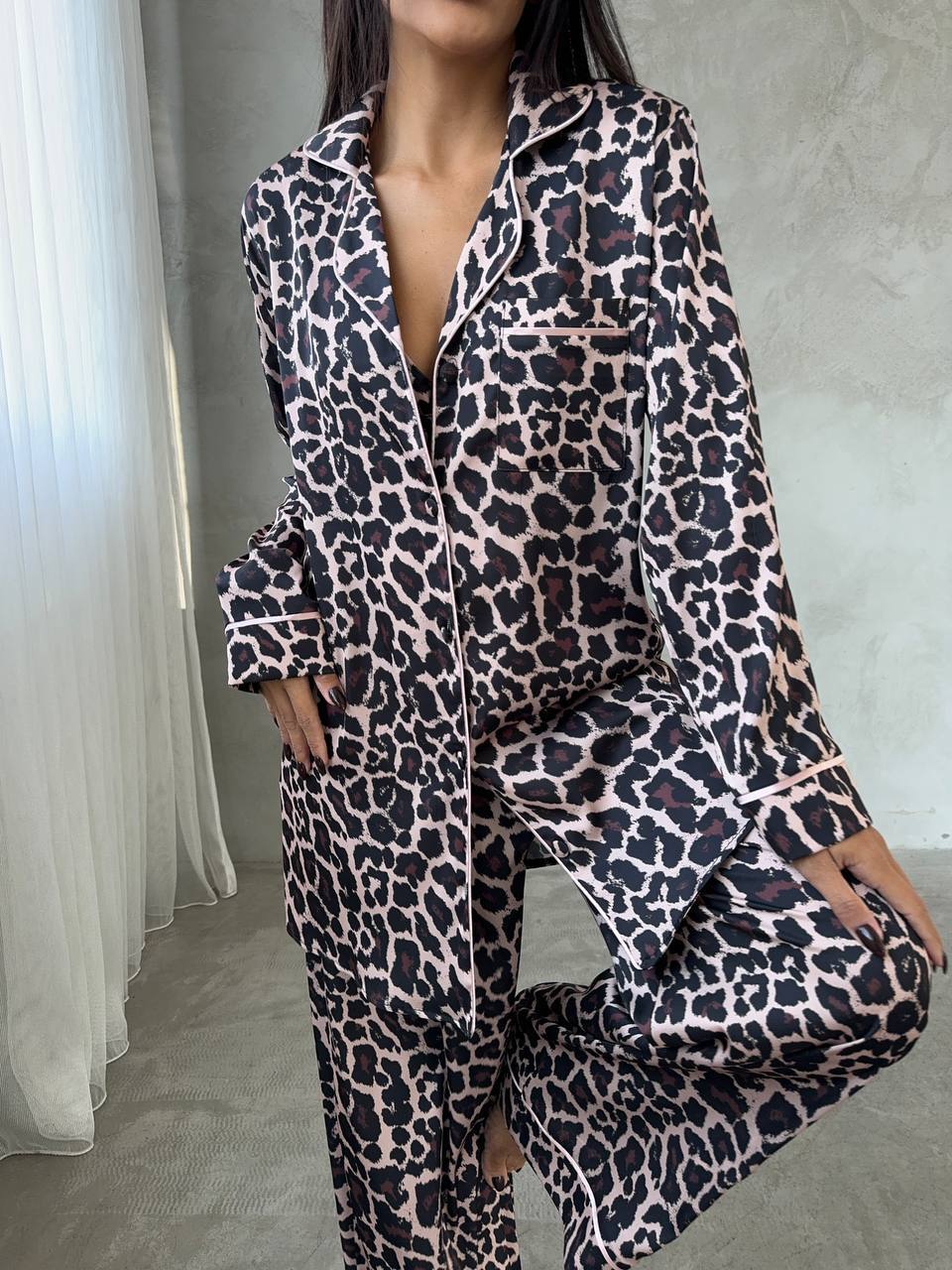 Leopard Print Satin Pajama Set – Women’s Loungewear with Bralette & Shirt