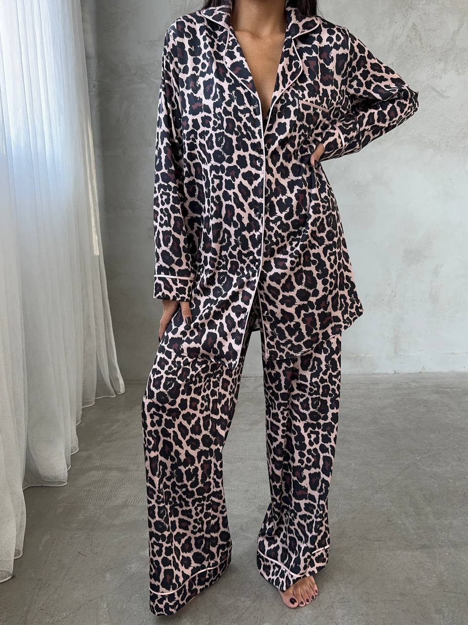 Leopard Print Satin Pajama Set – Women’s Loungewear with Bralette & Shirt