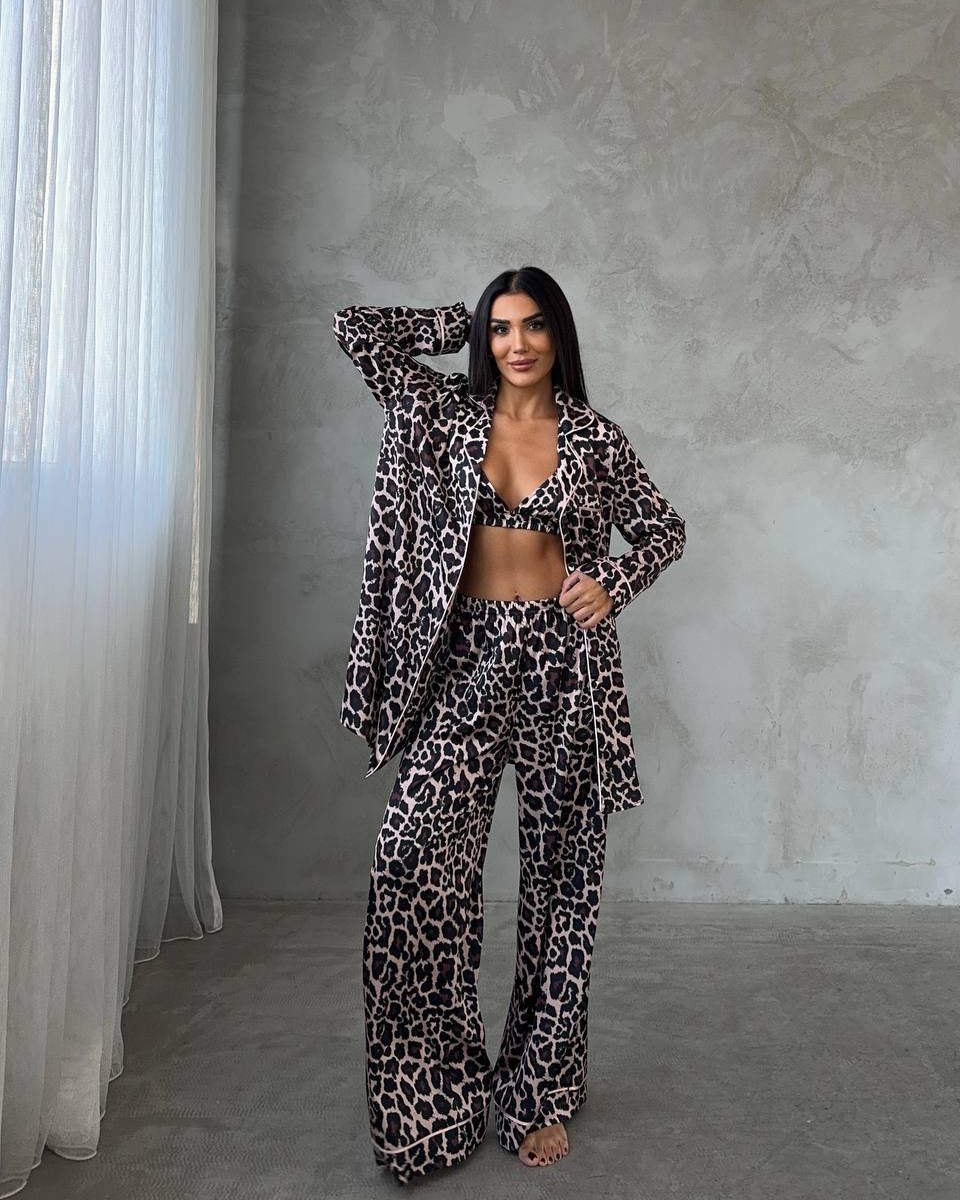 Leopard Print Satin Pajama Set – Women’s Loungewear with Bralette & Shirt