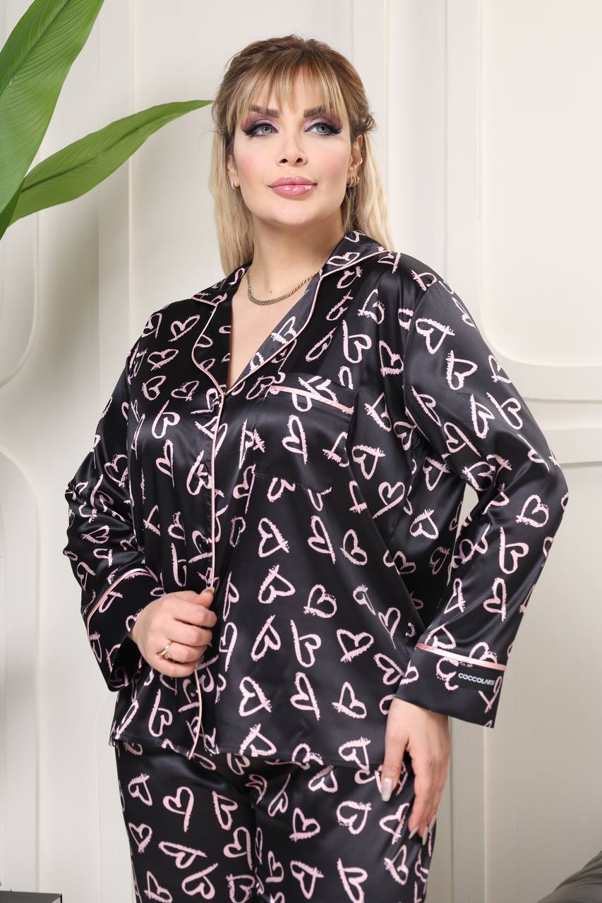 Plus Size Black Satin Pajama Set: Pink Hearts, Free Scrunchie