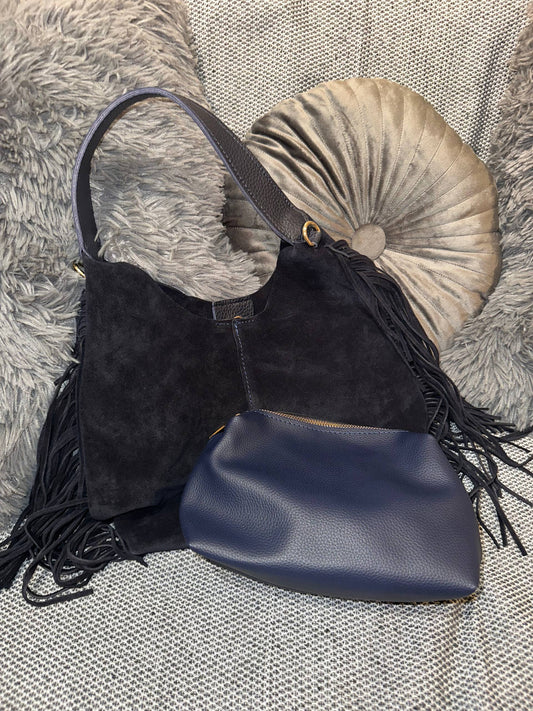 Blue suede handbag with leather details & fringe + pouch | Medium-size women’s bag