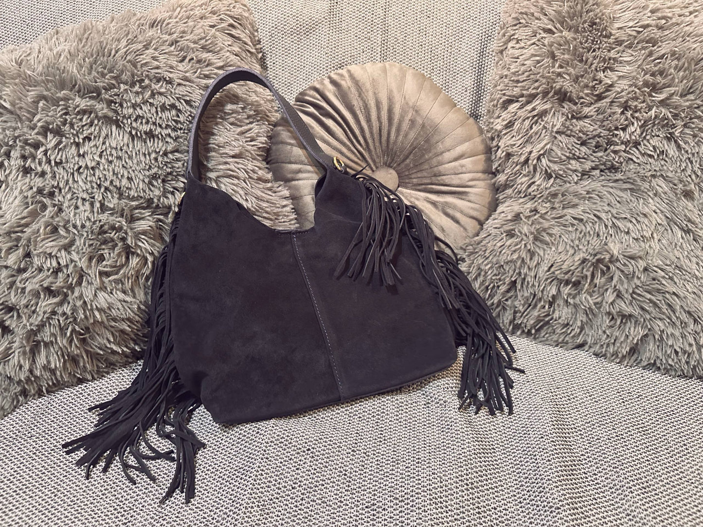 Blue suede handbag with leather details & fringe + pouch | Medium-size women’s bag