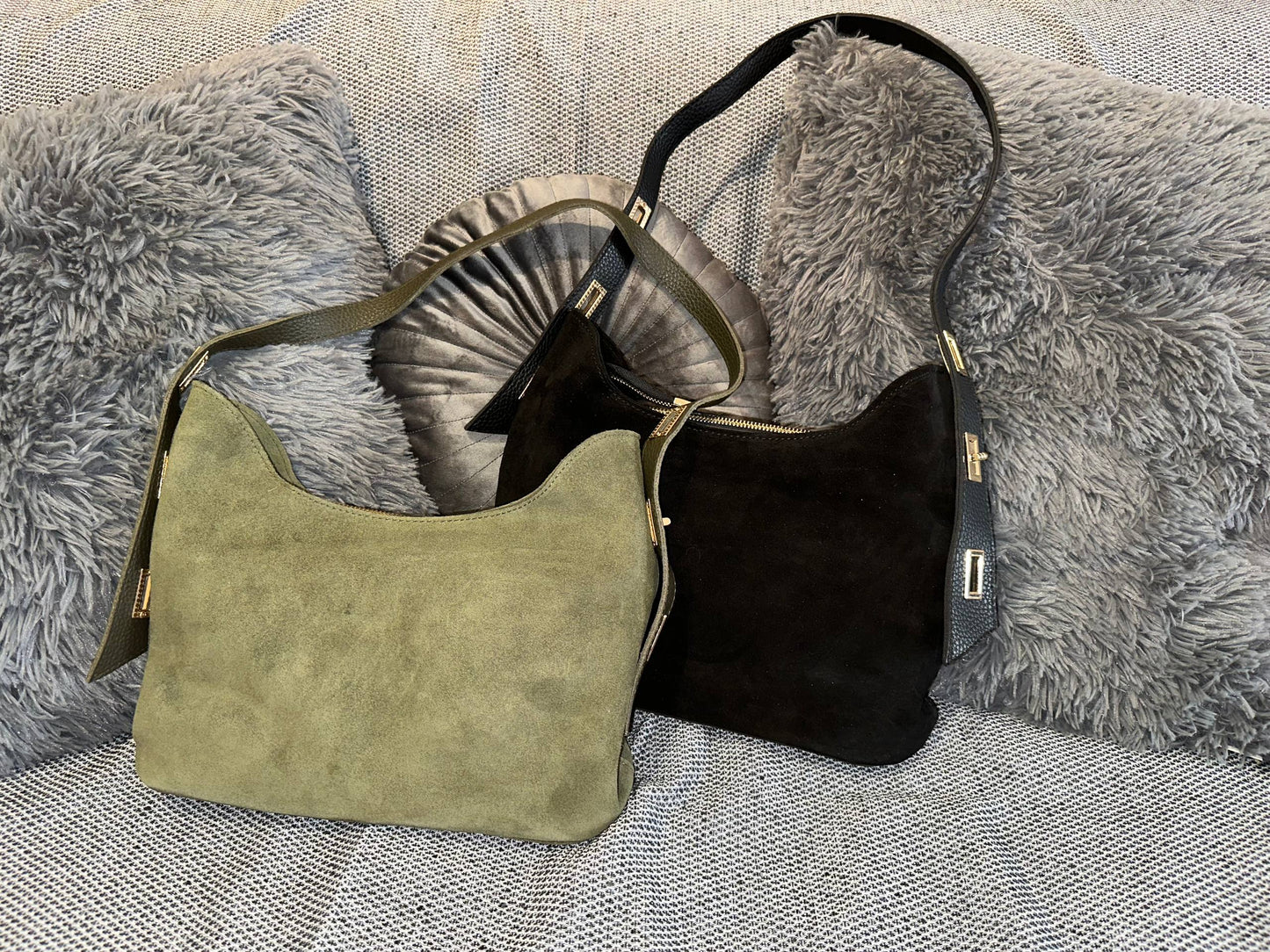 Suede shoulder bag with adjustable leather strap & gold-tone details | Medium-size women’s handbag (black or olive)