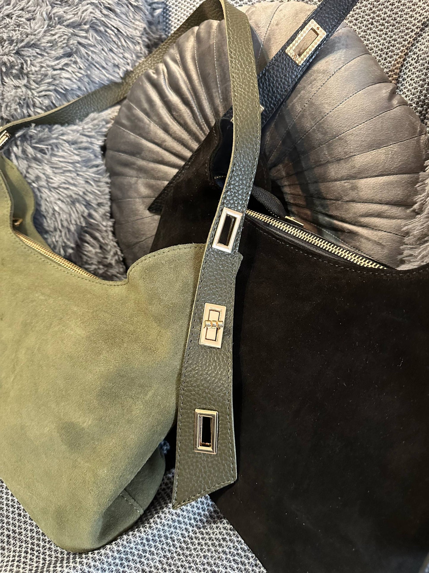 Suede shoulder bag with adjustable leather strap & gold-tone details | Medium-size women’s handbag (black or olive)