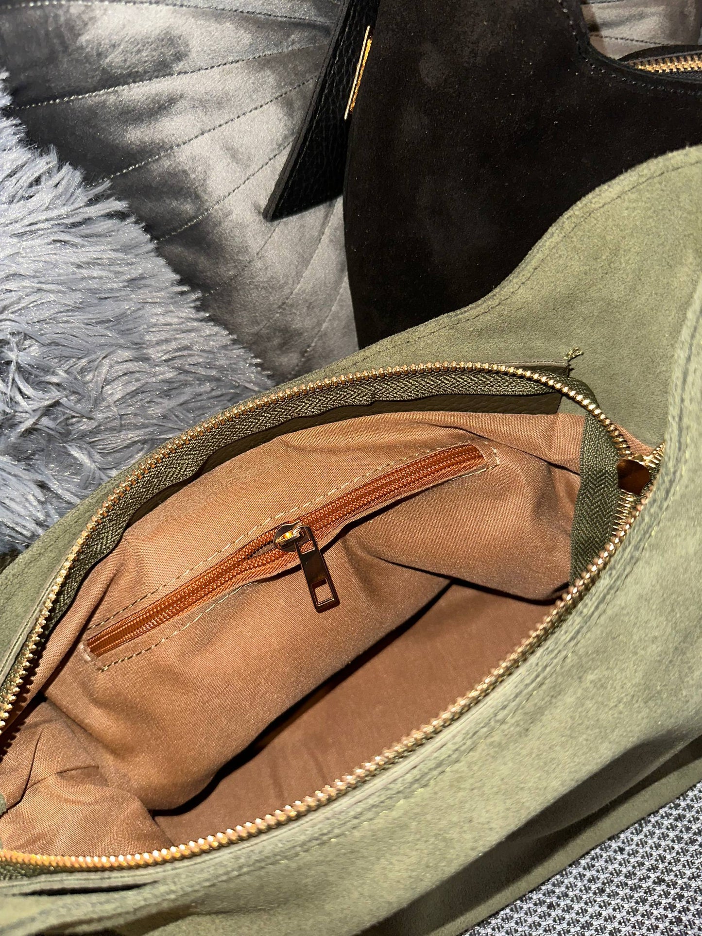 Suede shoulder bag with adjustable leather strap & gold-tone details | Medium-size women’s handbag (black or olive)