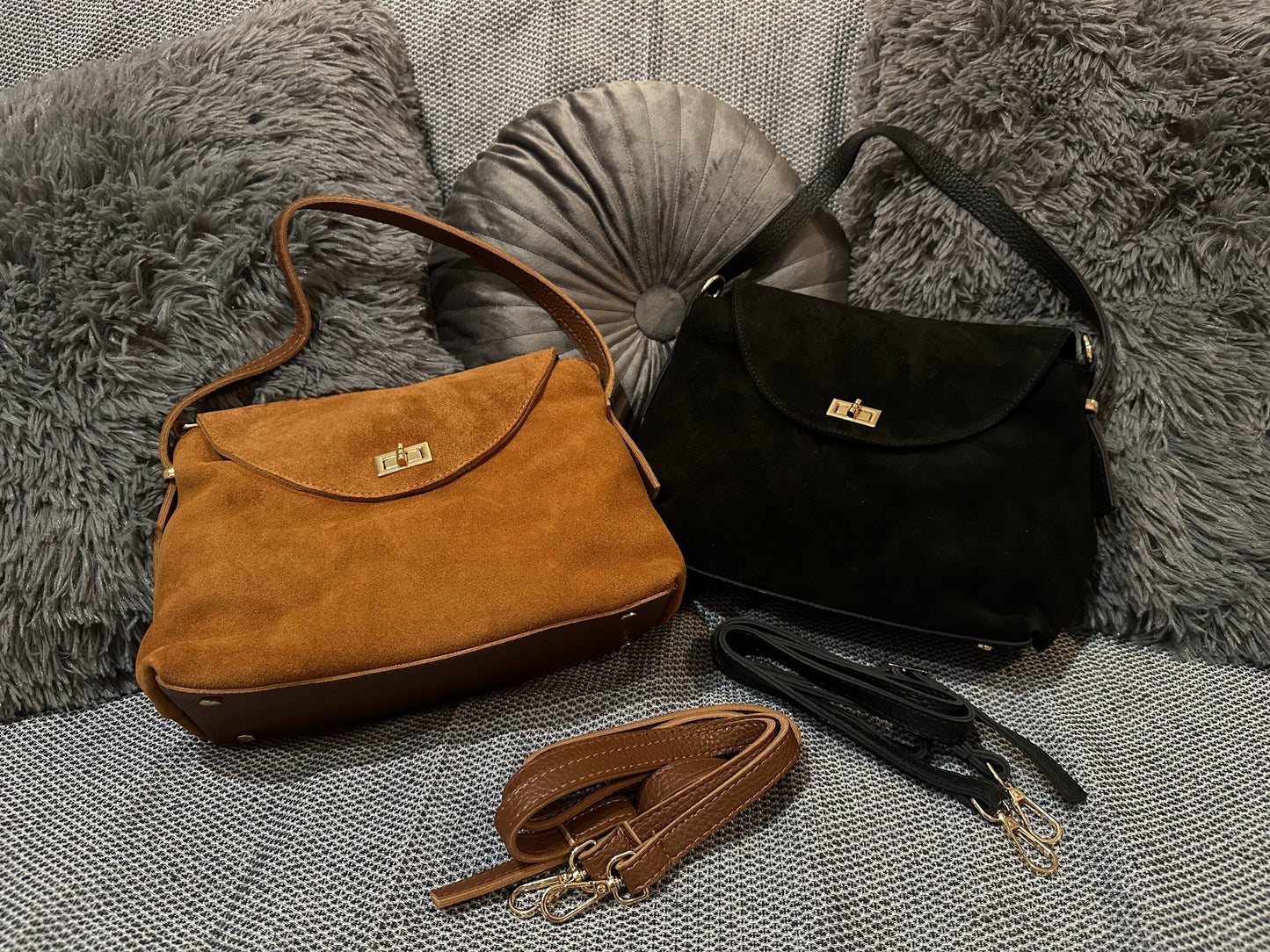 Genuine Suede Handbag with Lock Closure and Extra Strap