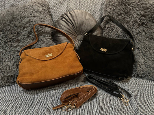 Genuine Suede Handbag with Lock Closure and Extra Strap