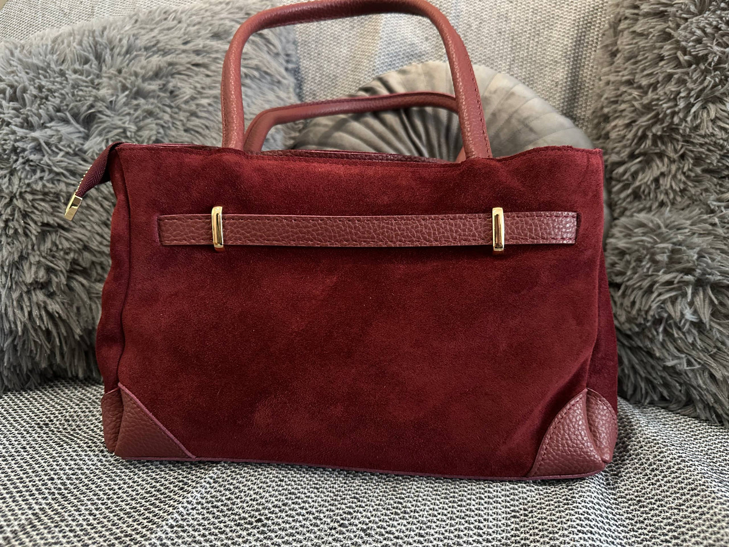 Genuine Suede Handbag with Front Strap and Extra Shoulder/Crossbody Strap