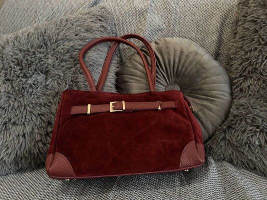 Genuine Suede Handbag with Front Strap and Extra Shoulder/Crossbody Strap