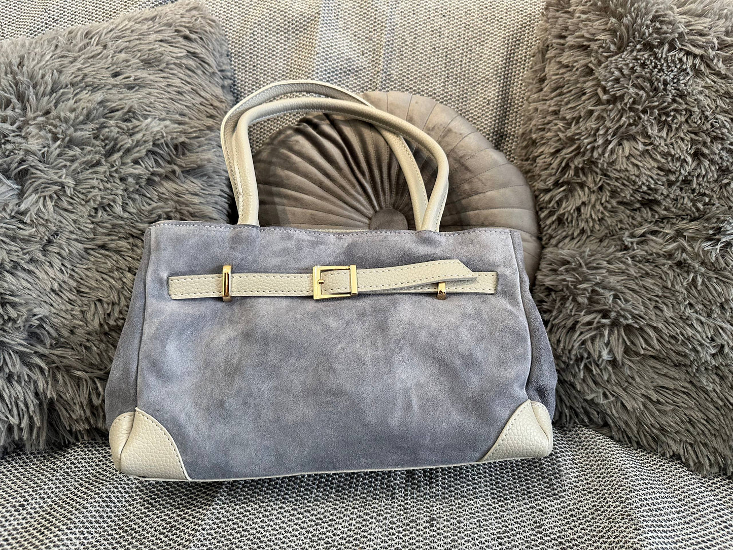 Genuine Suede Handbag with Front Strap and Extra Shoulder/Crossbody Strap