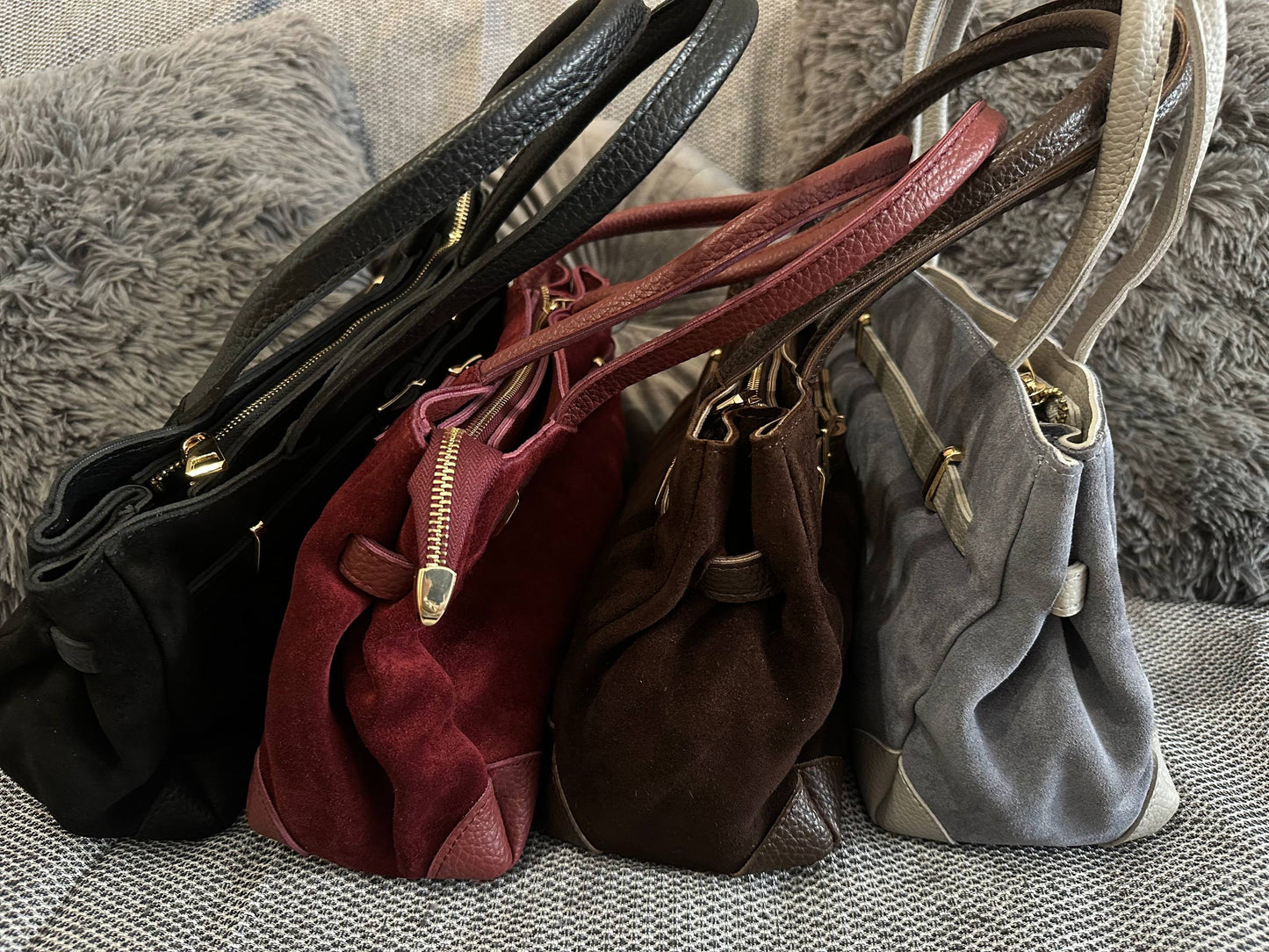 Genuine Suede Handbag with Front Strap and Extra Shoulder/Crossbody Strap