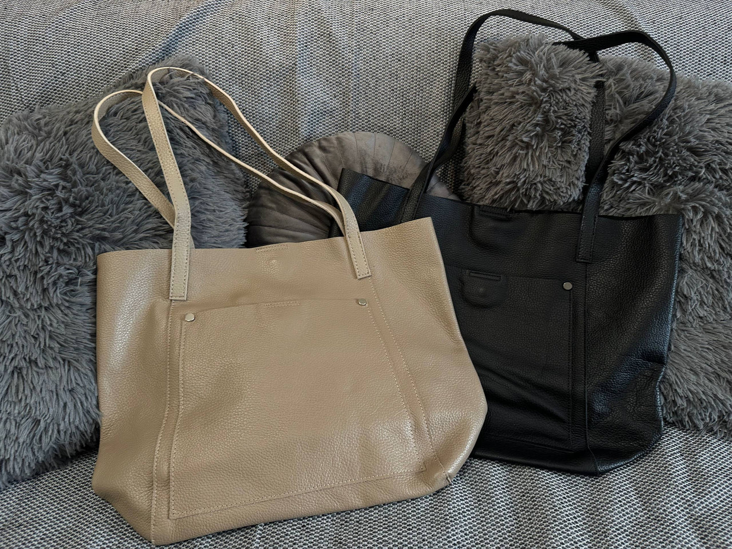 Minimalist Leather Tote Bag | Everyday Shoulder Bag | Black and Beige Handbag