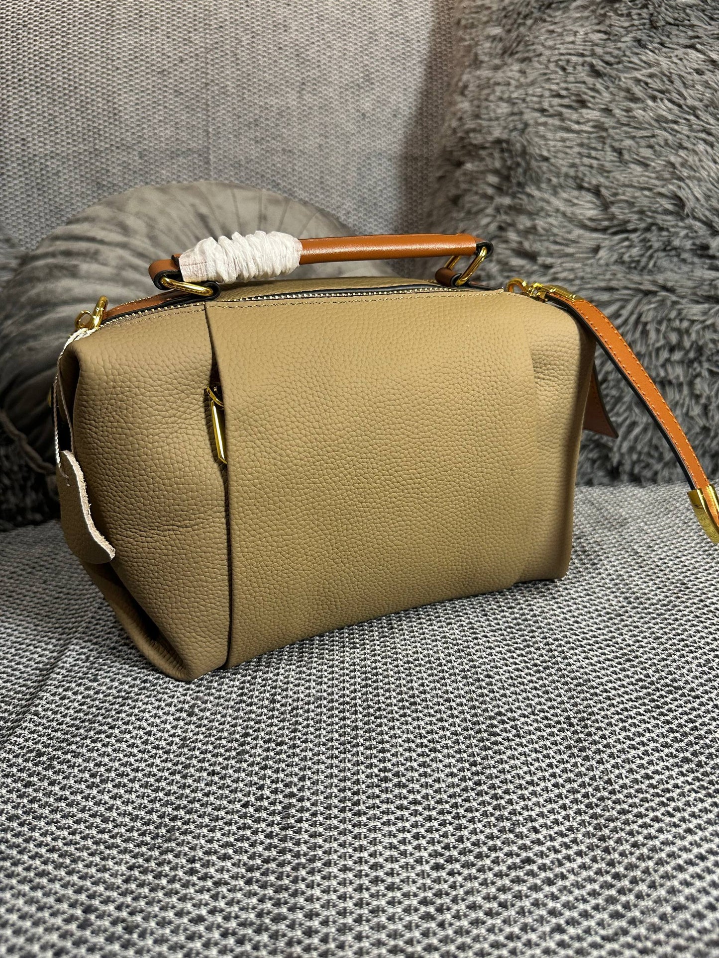 Beige Genuine Leather Handbag | Structured Box Bag with Adjustable Strap | Minimalist Everyday Purse