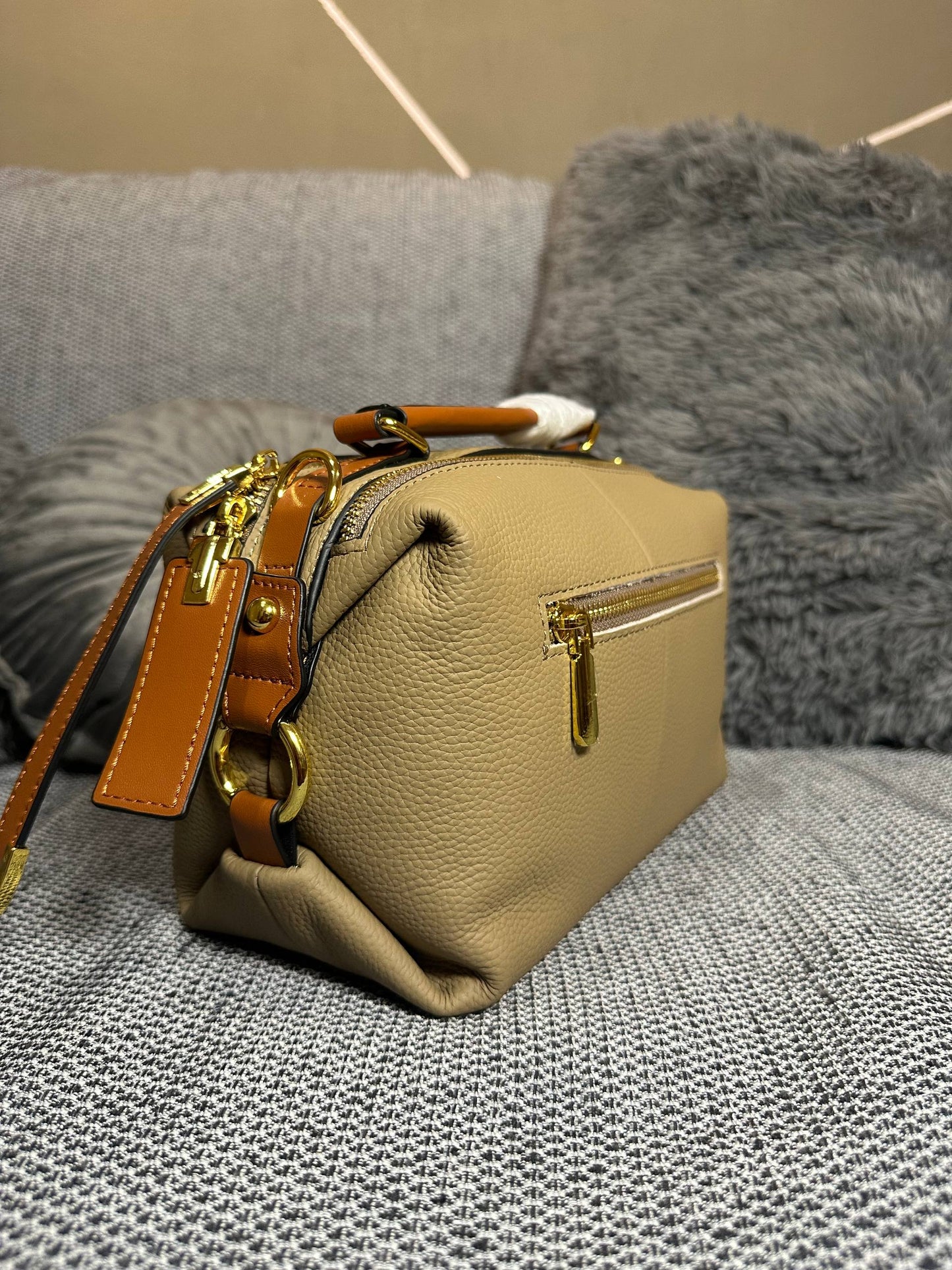 Beige Genuine Leather Handbag | Structured Box Bag with Adjustable Strap | Minimalist Everyday Purse