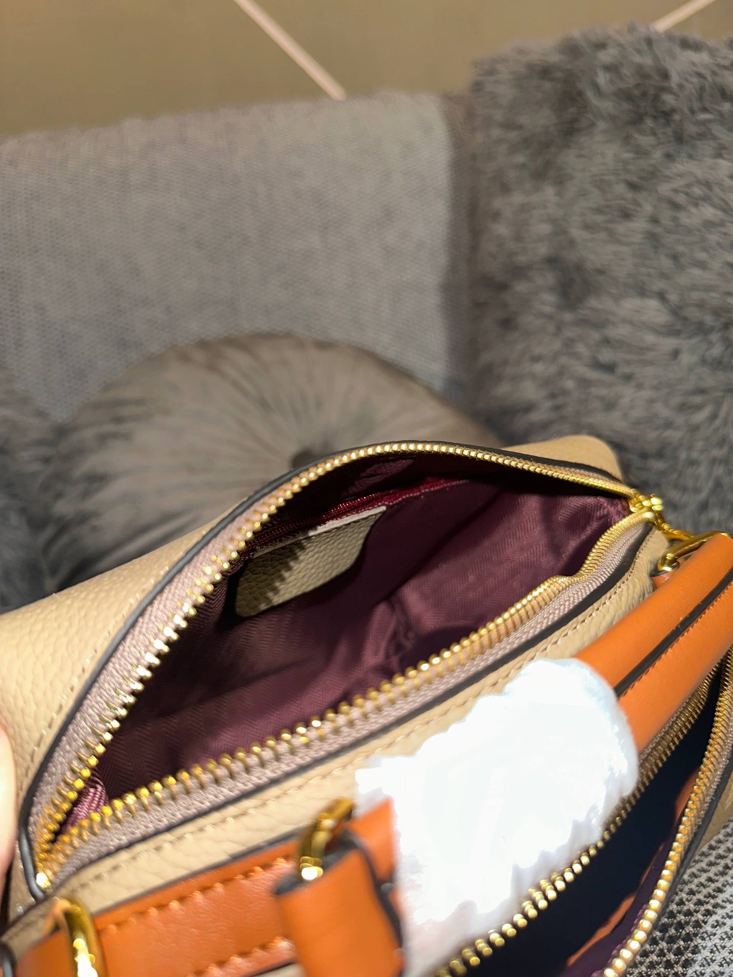 Beige Genuine Leather Handbag | Structured Box Bag with Adjustable Strap | Minimalist Everyday Purse