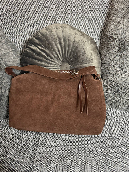 Brown Suede Leather Shoulder Bag | Soft Crossbody Purse with Striped Lining | Handmade Minimalist Bag