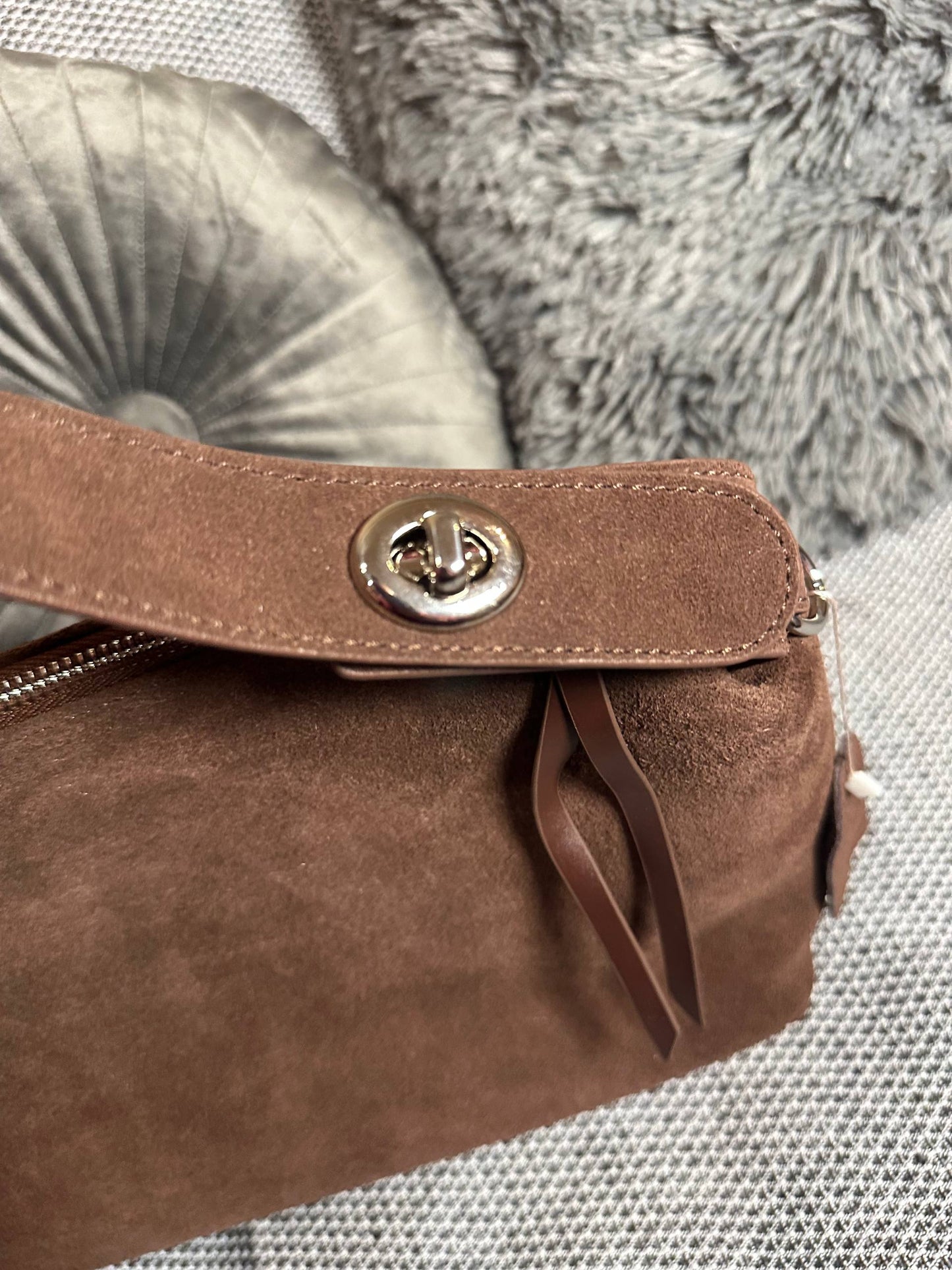 Brown Suede Leather Shoulder Bag | Soft Crossbody Purse with Striped Lining | Handmade Minimalist Bag