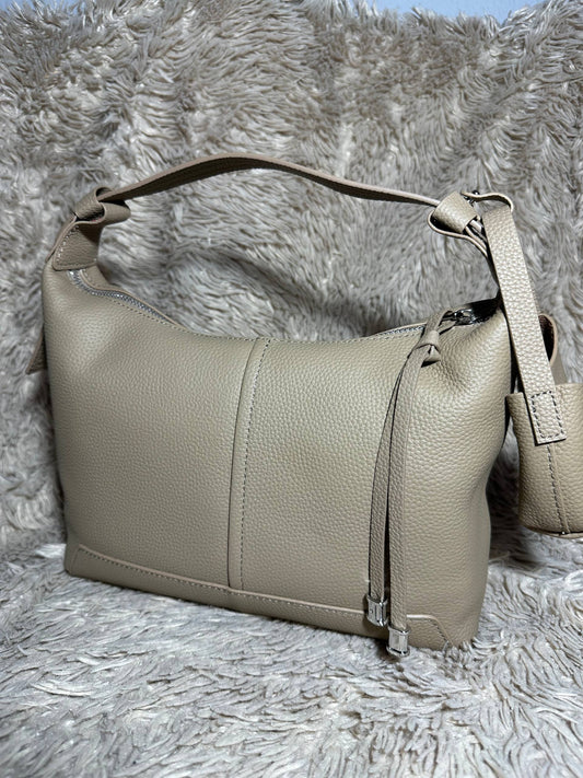 Beige Genuine Leather Shoulder Bag with Mini Pouch | Handmade Soft Leather Tote | Elegant Everyday Bag