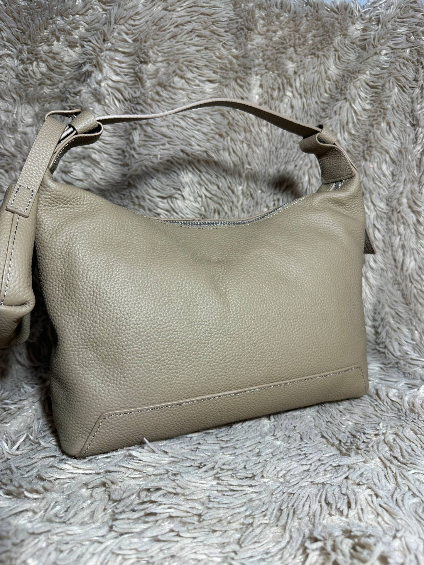 Beige Genuine Leather Shoulder Bag with Mini Pouch | Handmade Soft Leather Tote | Elegant Everyday Bag