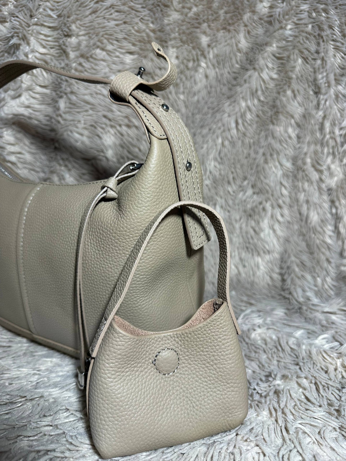 Beige Genuine Leather Shoulder Bag with Mini Pouch | Handmade Soft Leather Tote | Elegant Everyday Bag