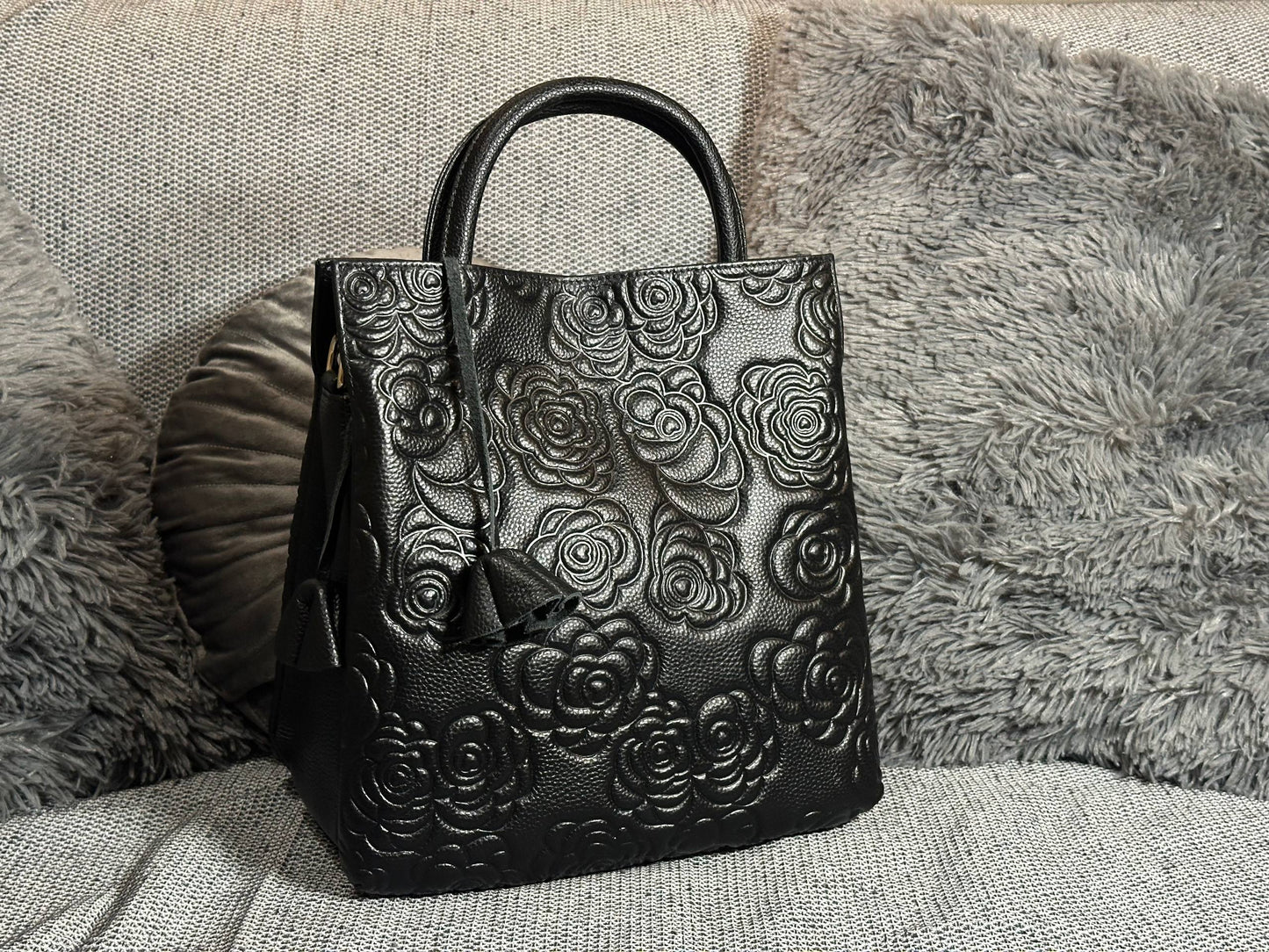 Black Embossed Leather Handbag | Floral Pattern Tote with Gold Details | Elegant Structured Purse