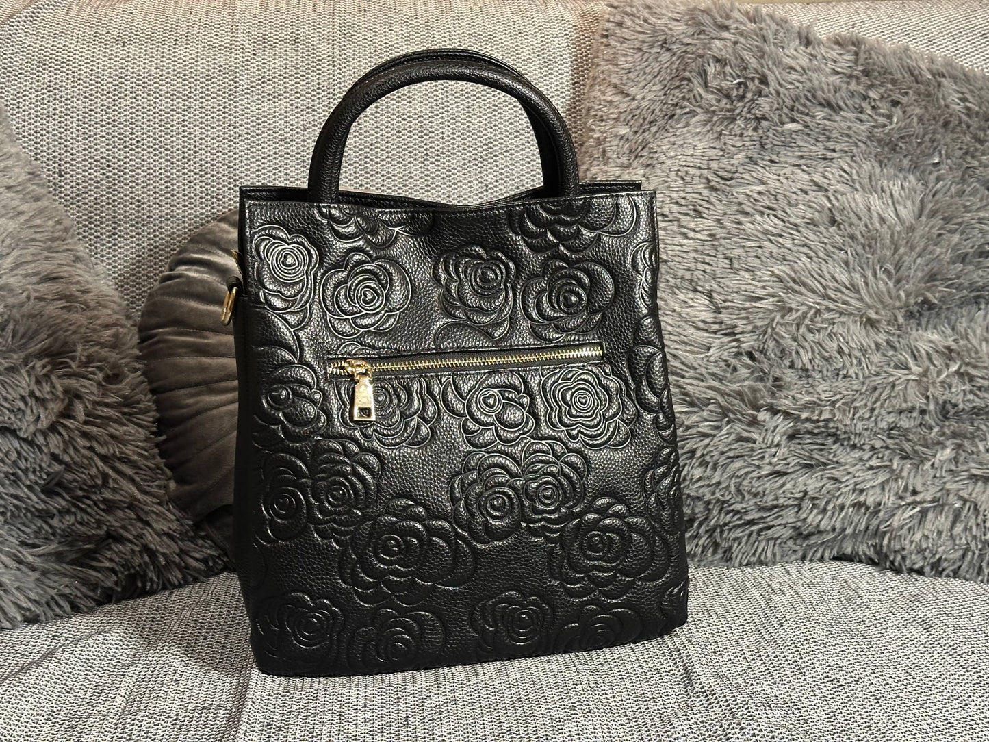 Black Embossed Leather Handbag | Floral Pattern Tote with Gold Details | Elegant Structured Purse