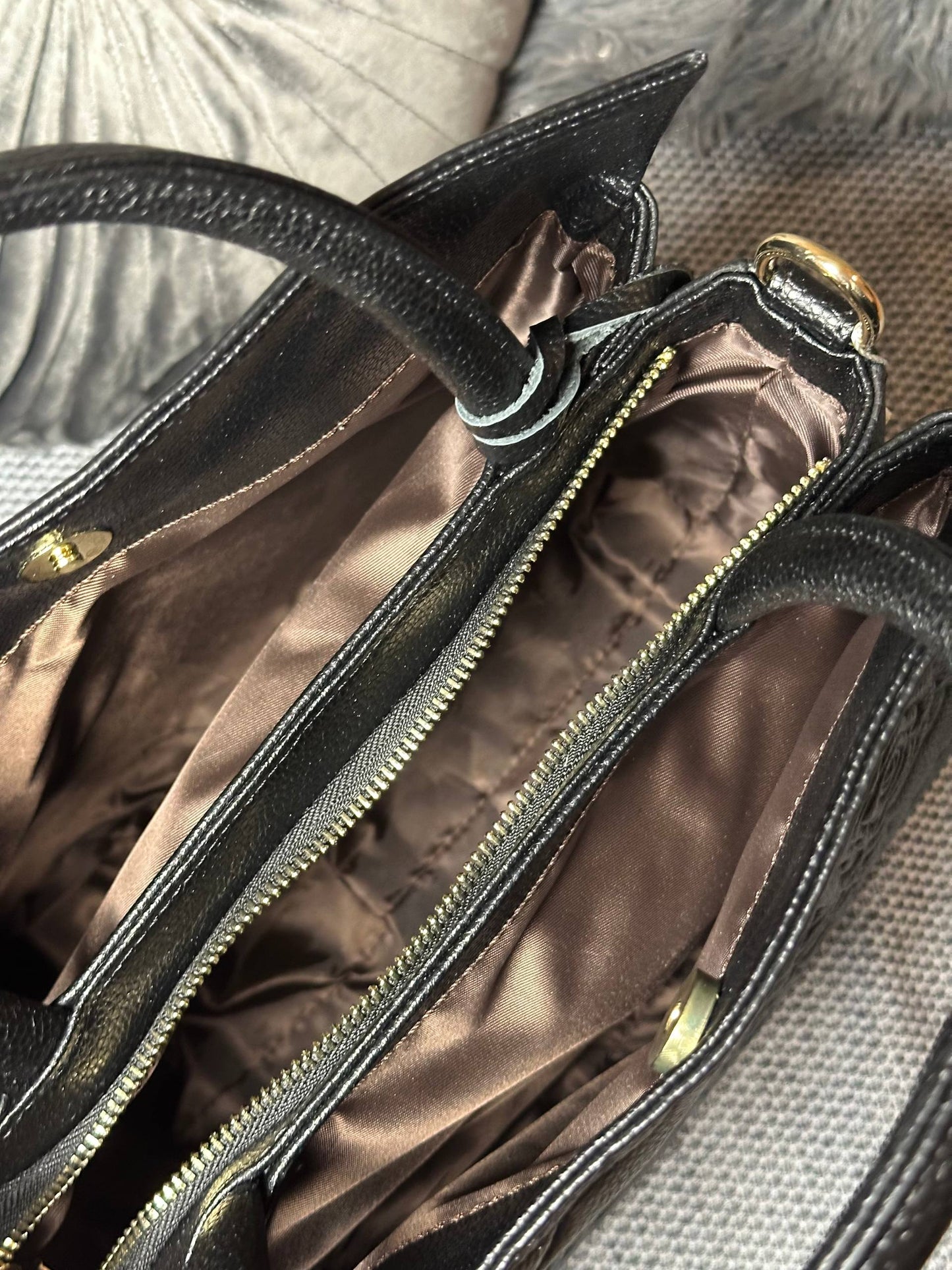 Black Embossed Leather Handbag | Floral Pattern Tote with Gold Details | Elegant Structured Purse