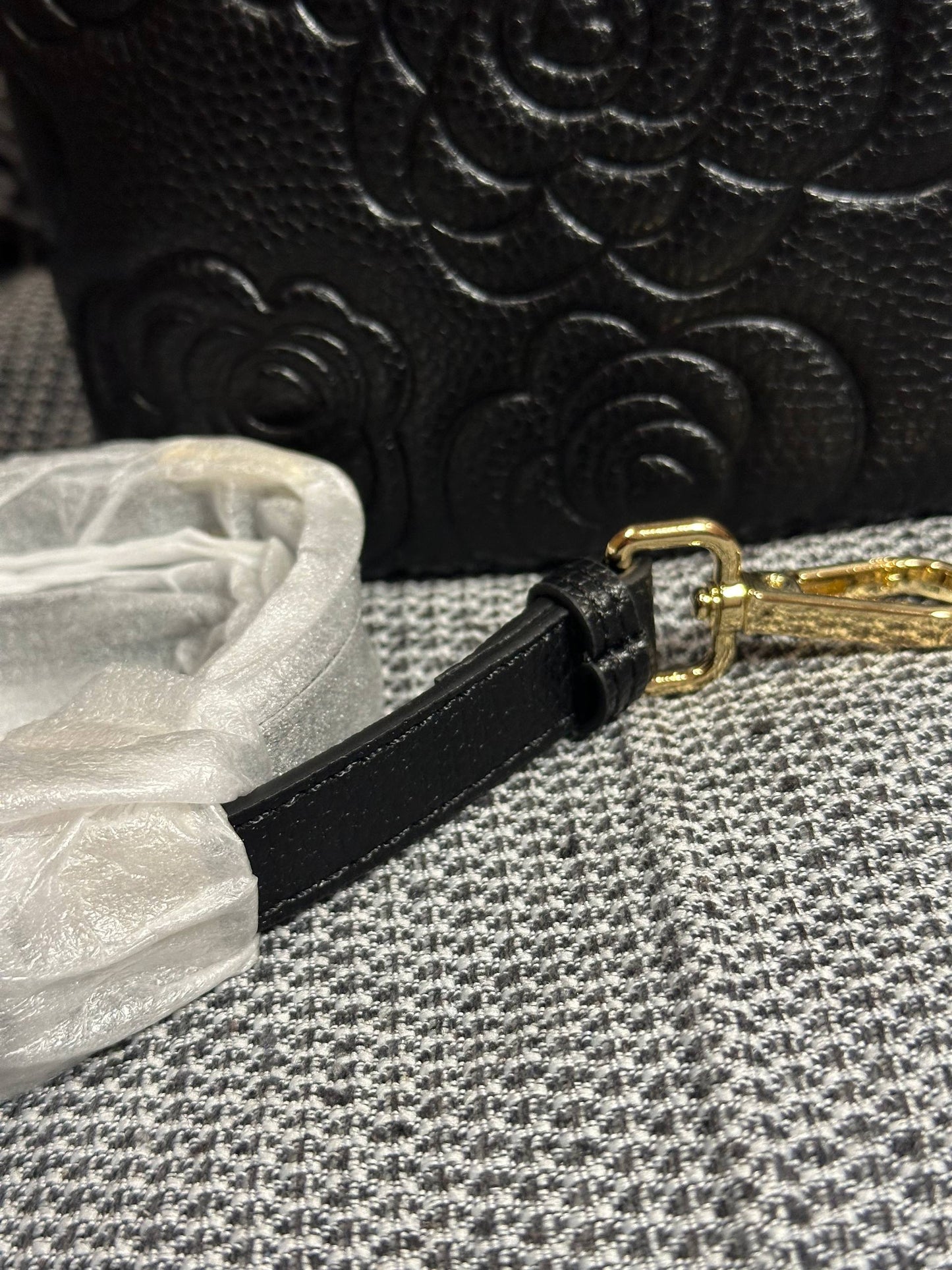 Black Embossed Leather Handbag | Floral Pattern Tote with Gold Details | Elegant Structured Purse