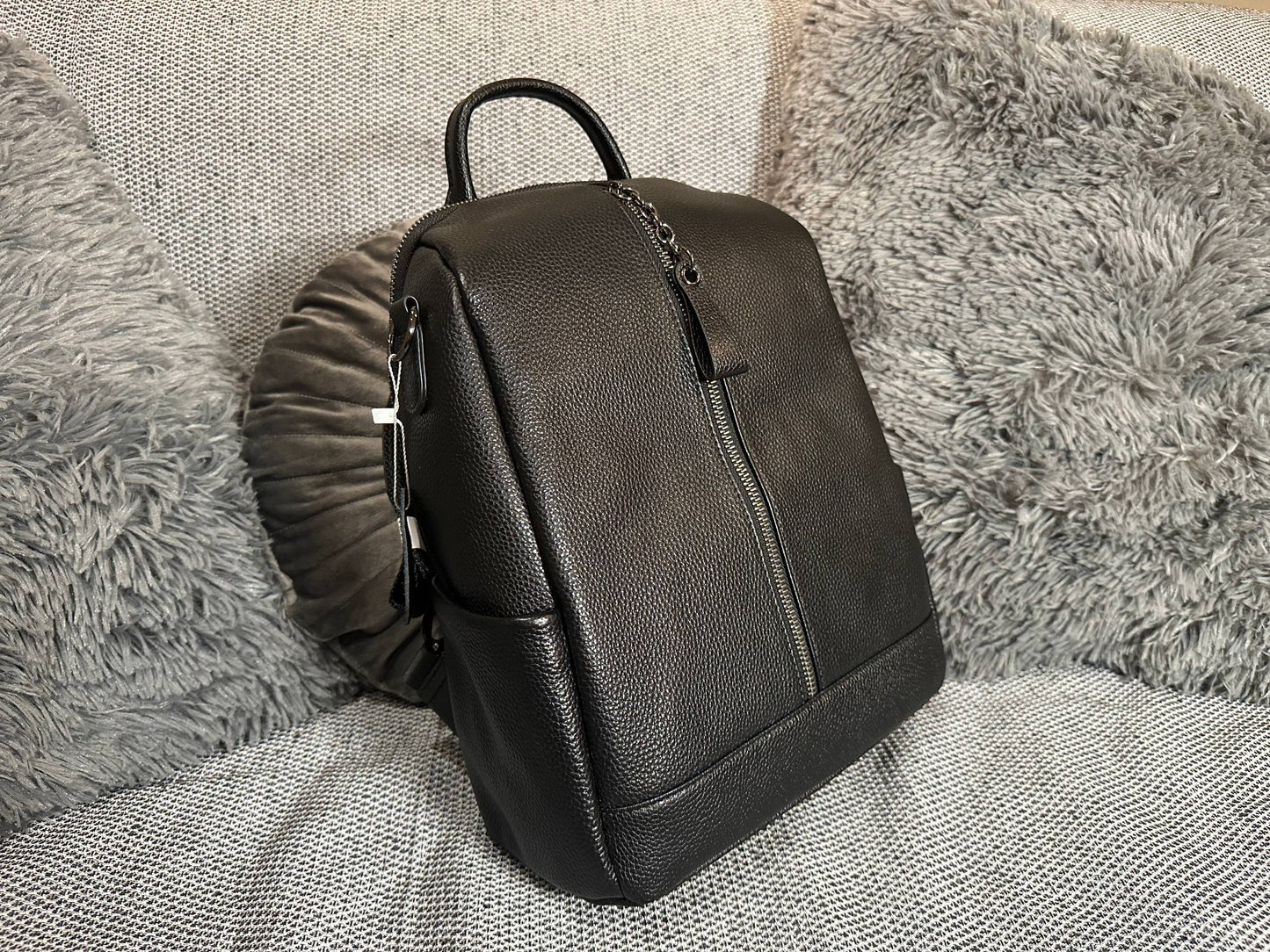 Black Genuine Leather Backpack | Unisex Everyday Bag with Wide Strap | Modern Travel and Work Backpack