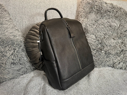 Black Genuine Leather Backpack | Unisex Everyday Bag with Wide Strap | Modern Travel and Work Backpack