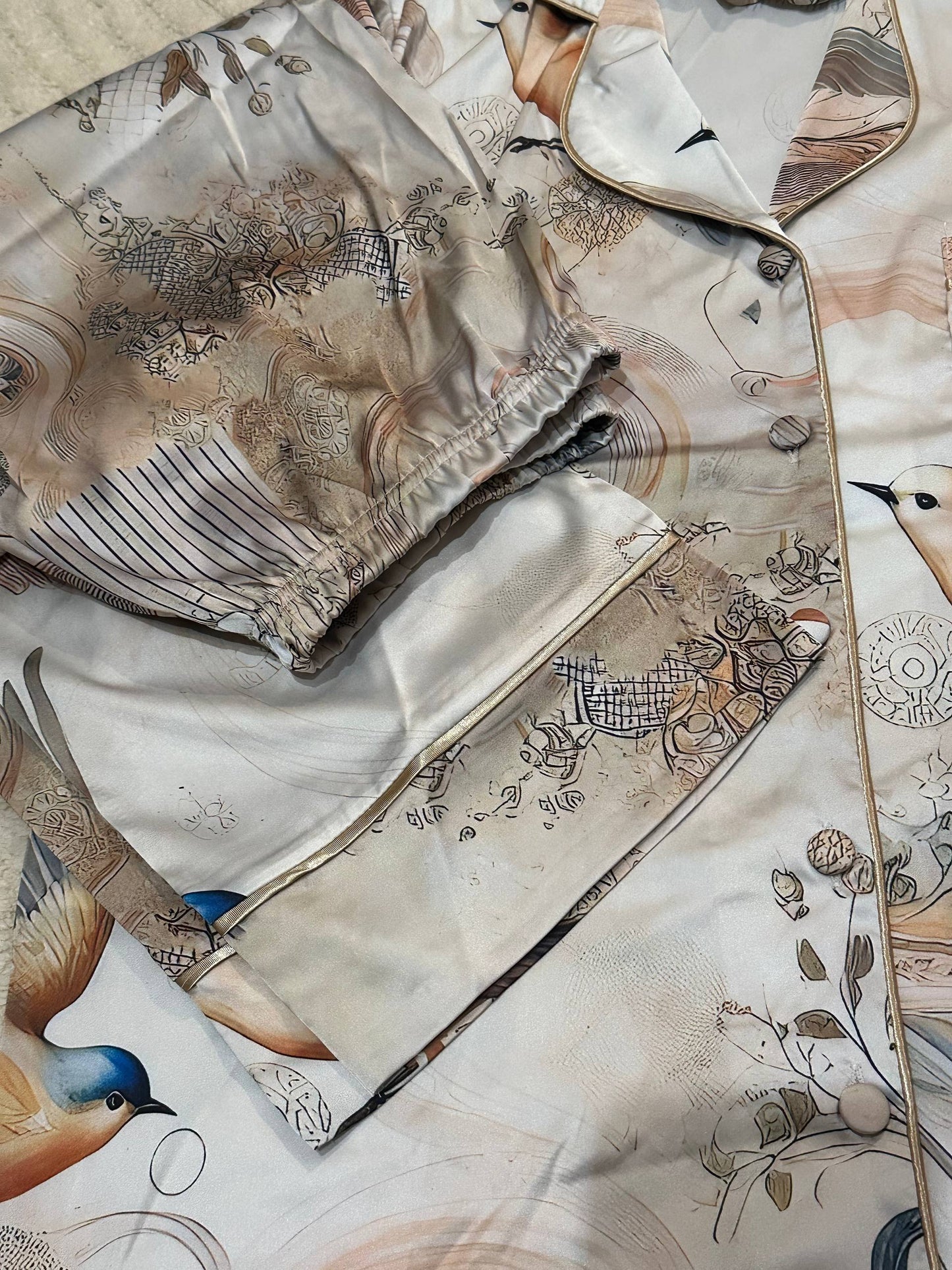 Women’s Satin Pajama Set with Bird Print • Elegant Button Down Sleepwear with Long Pants and Matching Hair Scrunchie