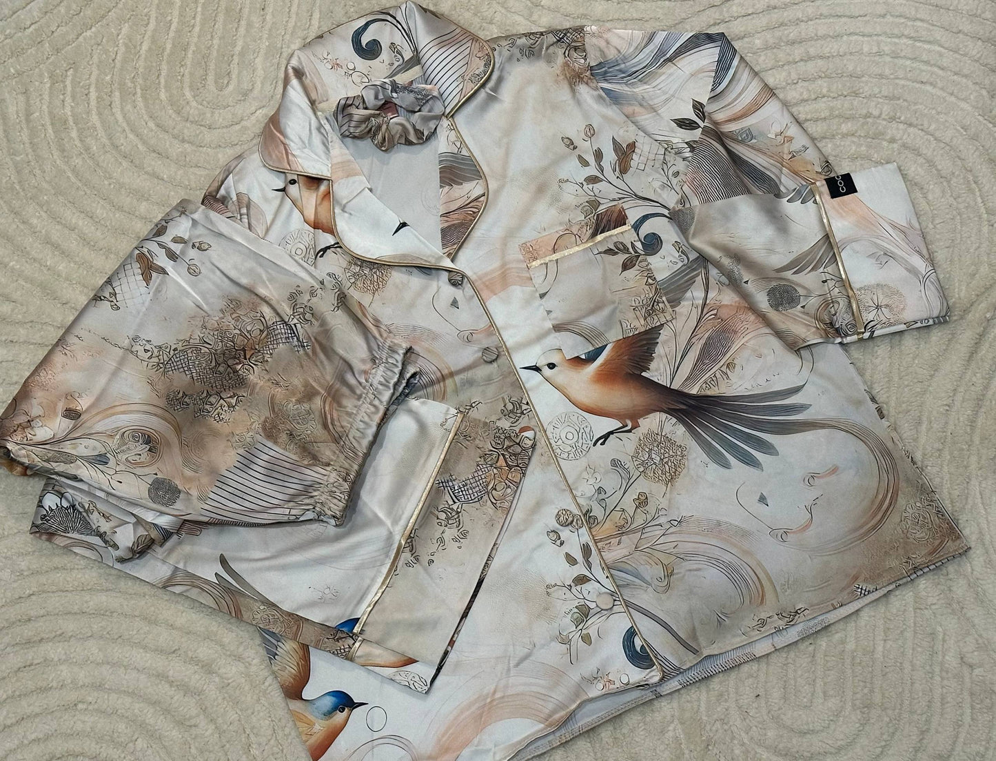 Women’s Satin Pajama Set with Bird Print • Elegant Button Down Sleepwear with Long Pants and Matching Hair Scrunchie