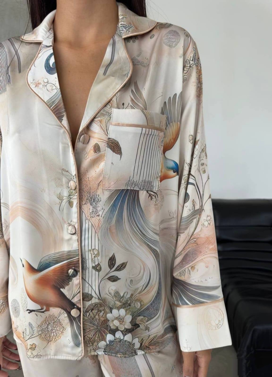 Women’s Satin Pajama Set with Bird Print • Elegant Button Down Sleepwear with Long Pants and Matching Hair Scrunchie